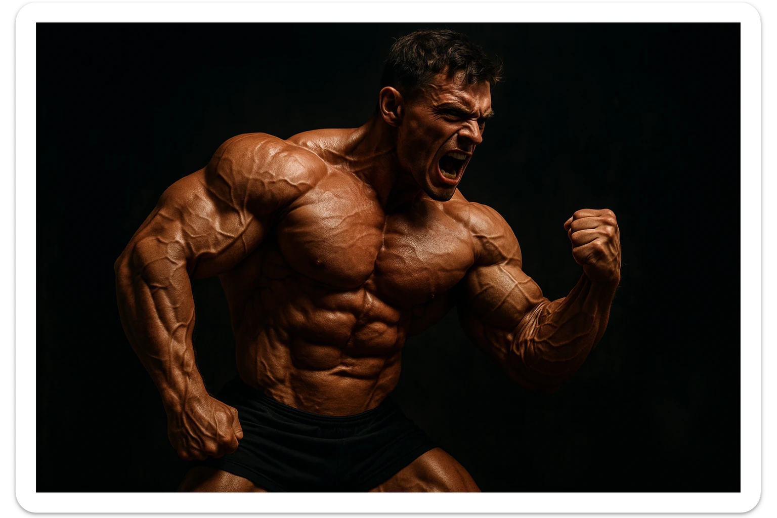 bodybuilding è lo sport simbolico della vemenza, forza, potenza, estetica, iperrealistico cinematografico 4k sticker