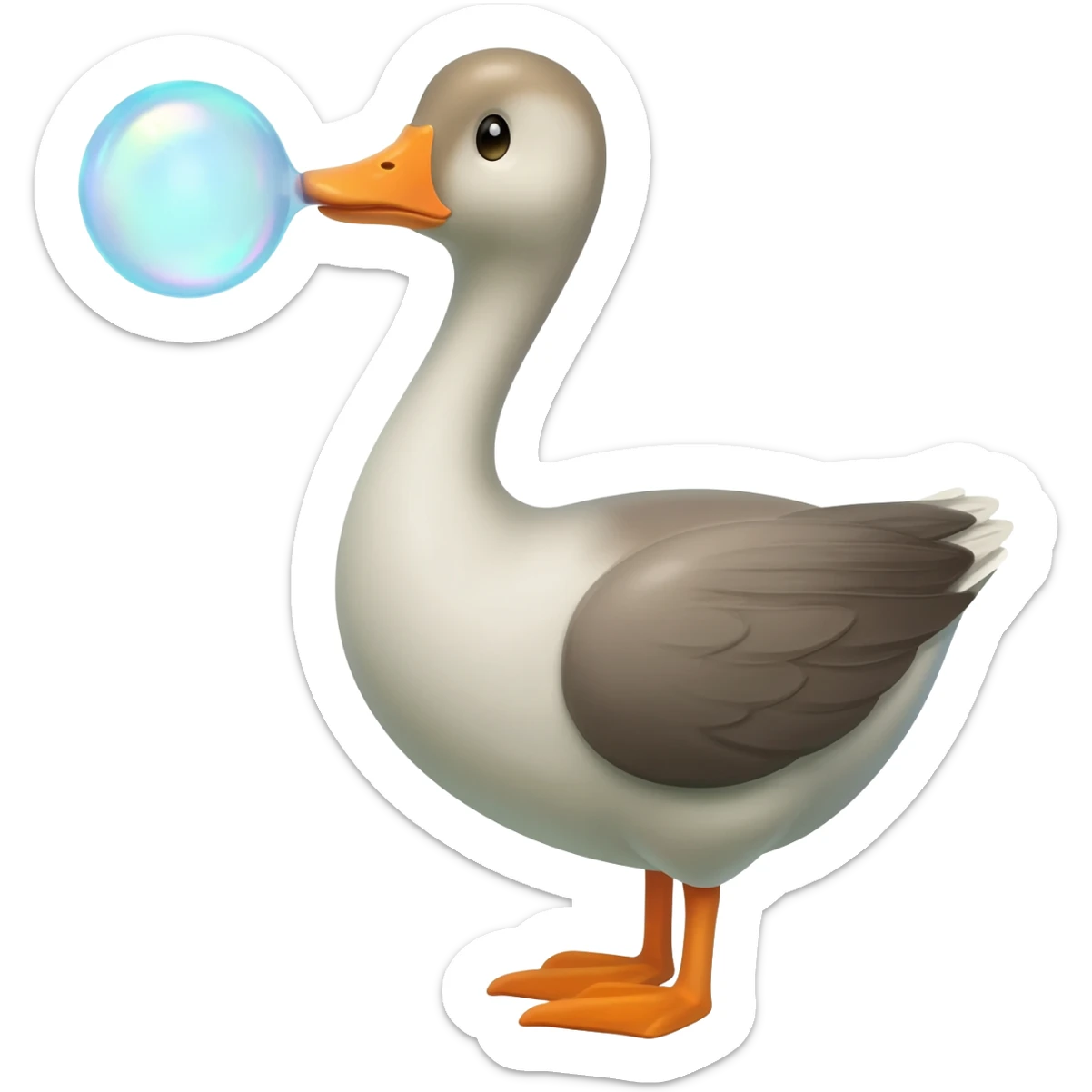 Create an emoji of a goose happily blowing soap bubbles. The goose should look friendly and playful, and the bubbles should be bright and shiny. Please add some color and details to make the image more appealing. sticker