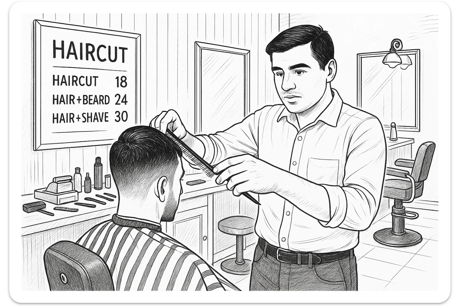 Draw me a sketch of the barbershop, but make sure there's a cash register there. sticker