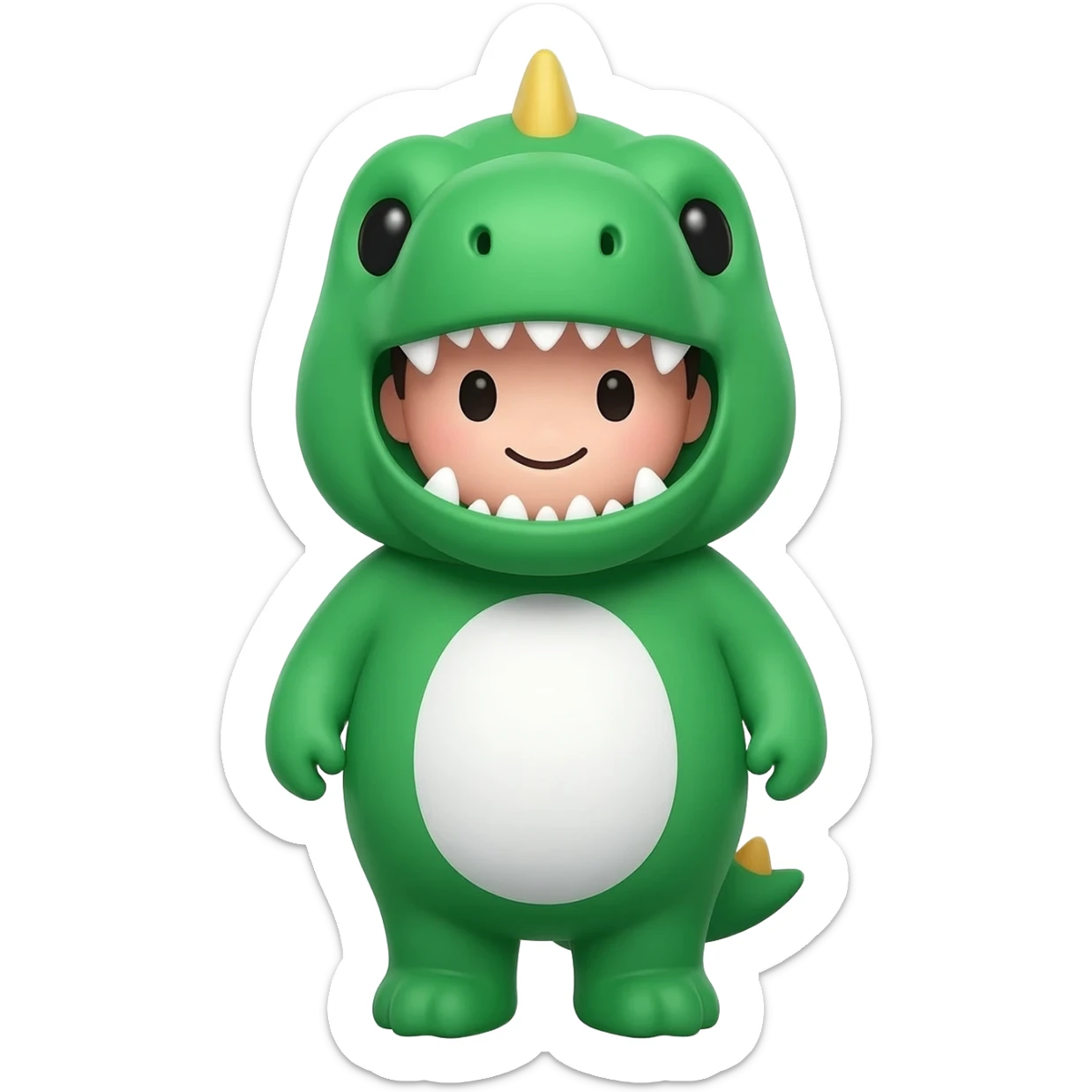 🦖 Costume
Le costume est vert vif avec un ventre blanc au centre.
Sur la tête, il a une capuche en forme de tête de dinosaure, avec de petites dents triangulaires autour du visage.
On voit aussi une petite crête ou pointe sur le dessus de la tête, pyjama
😀 Visage
Le visage est très cartoon sticker
