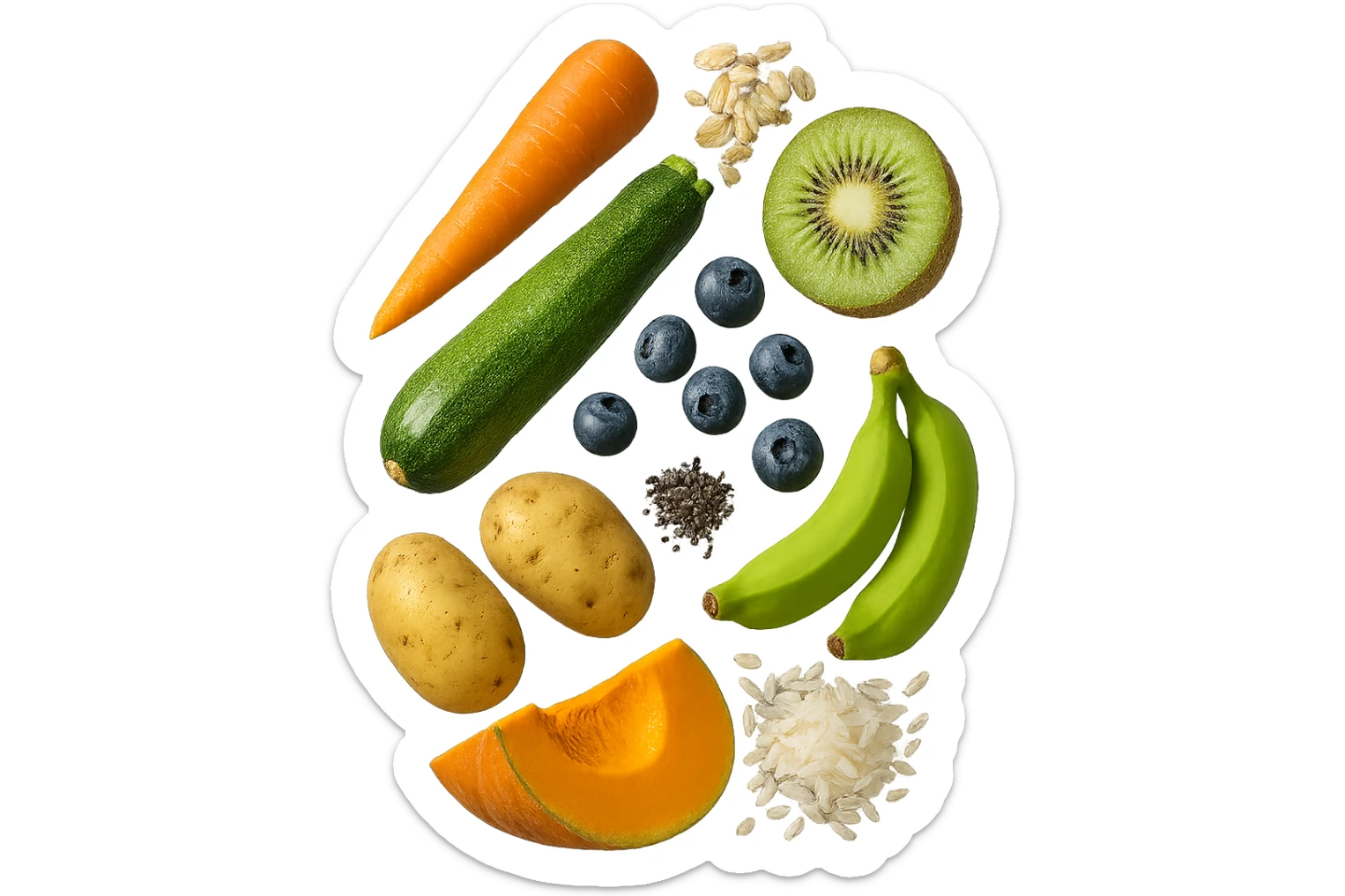 carota, fiocchi di avena, zucchine, kiwi, mirtilli, semi di chia, patate, banane acerbe, zucca, riso fluttuano in aria verticalmente, iperrealistici 4k sticker