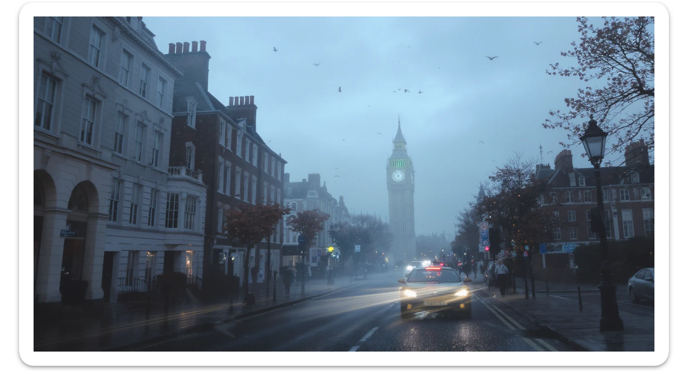 Cinematic shot of a london street, cloudy foggy day, soft light, car flying, leading lines to big ben in distance, multi composition, in foreground blurred car, on second street around UK bulding, od another plan in distance big ben, birds flying, artistic look, captured on arri alexa 35, blue hour sticker