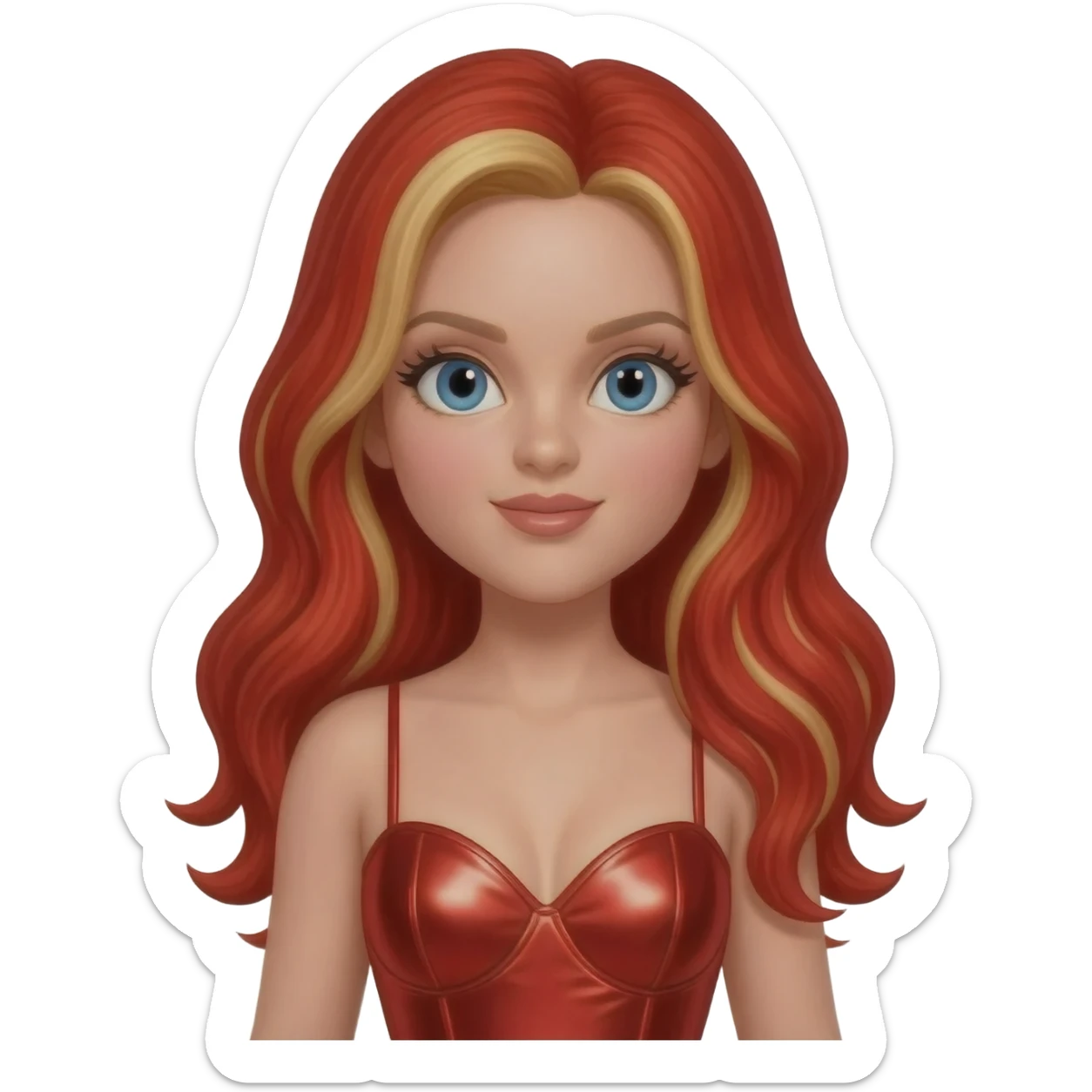 Baby Spice from Spice Girls with blue eyes, long red hair with blonde highlights, red metallic sweetheart dress sticker