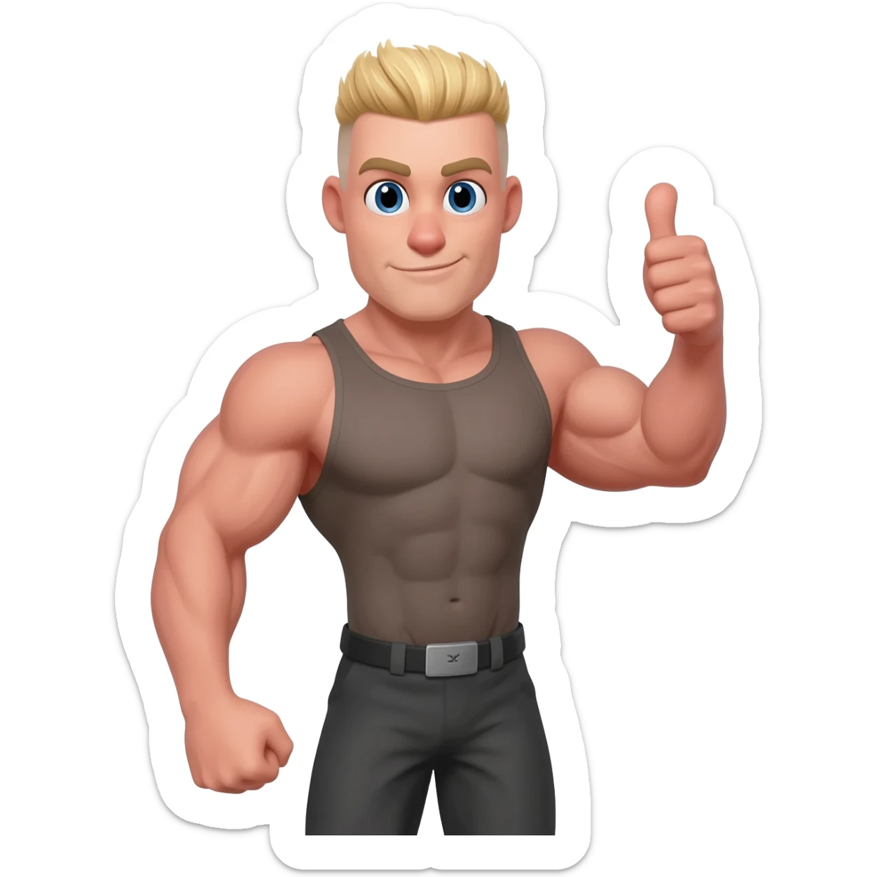 Musclebound, mighty mouse with a blonde crew, cut hair cut, giving a thumbs up with a smirk on his face sticker