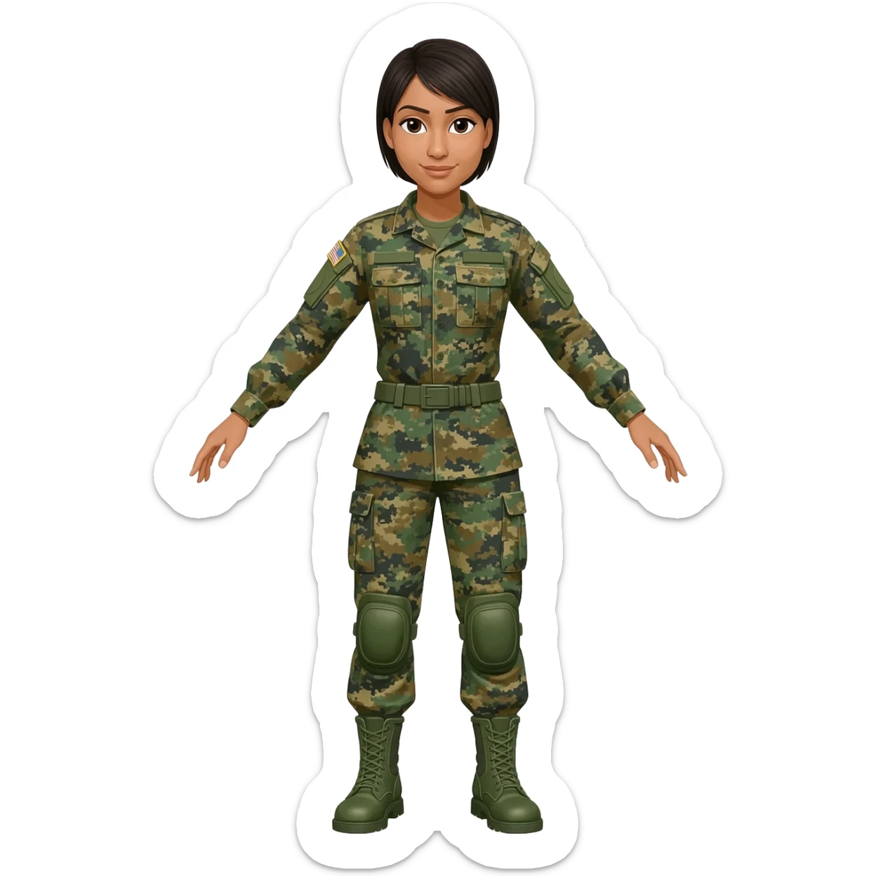 Filipino female army soldier bdu camo with green combat boots no plate carrier and no belt no knee pads long sleeve sticker