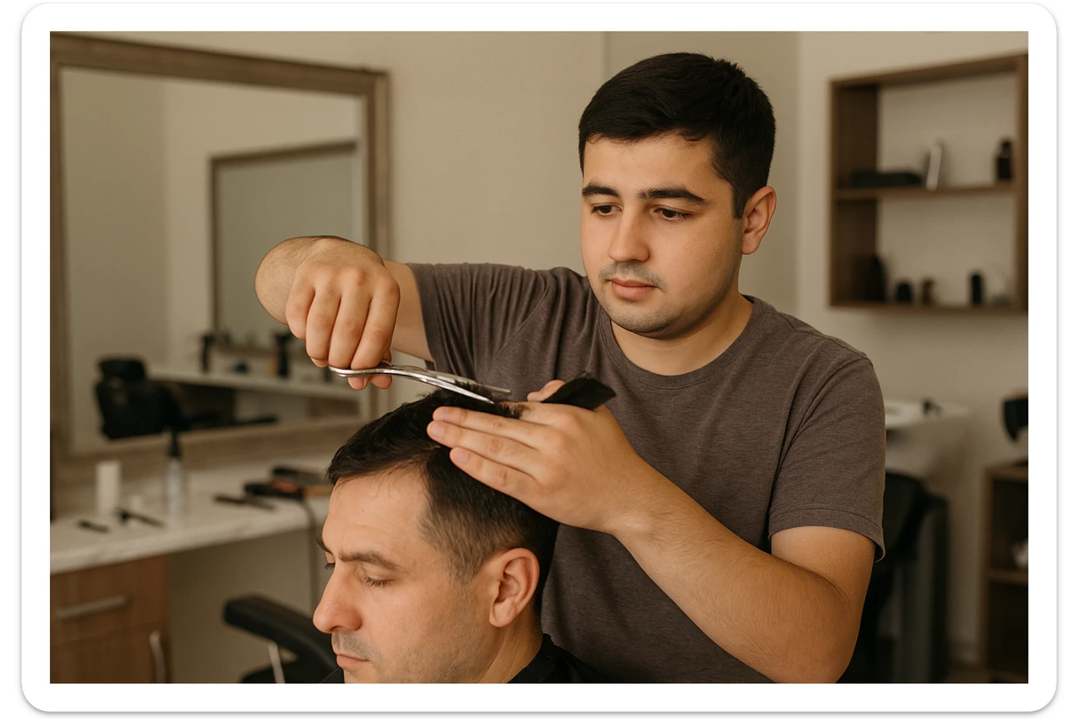 shu odamni sartaroshxonada mijozlarni sochini olayotganin  tasvirlab ber juda yosh ham katta ham bo'lmasin semiz ham bo'lib ketmasin o'smirin davrini sticker