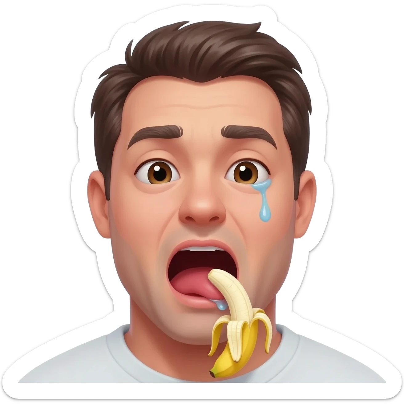 thirty year old guy with mouth wide open and lips around the tip of a peeled banana  drooling from one side of his mouth and and tear in one eye sticker