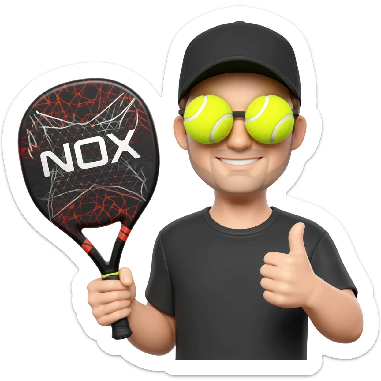 make a circular imogi of man with NOX padel bat with tennis balls forming glasses and wearing a cap with black  top make circular with thumbs up sticker