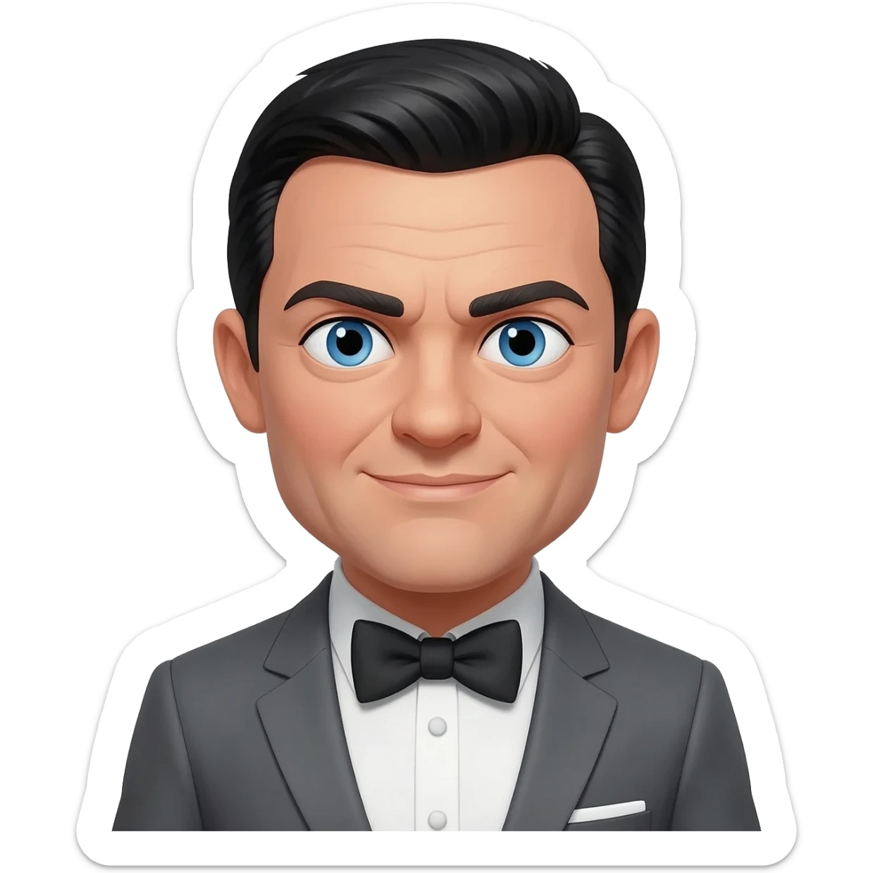 James Bond from James Bond Series with blue eyes, black hair, charcoal grey suit with bow tie sticker
