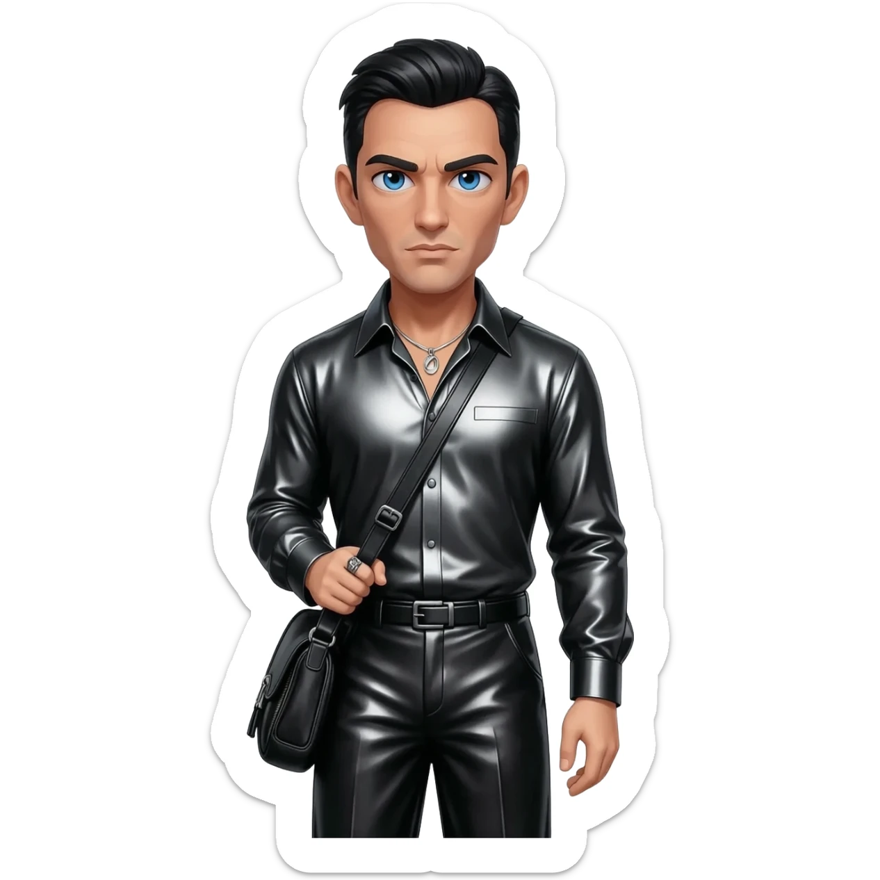 James Bond from James Bond with blue eyes, black hair, black metallic shirt, black metallic baggy pants, silver necklace sticker