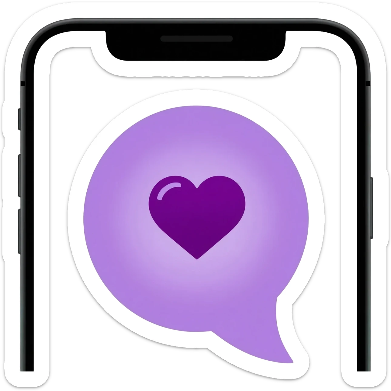 close-up of an iPhone screen with a purple speech bubble emoji containing a purple heart, Apple style, minimal sticker