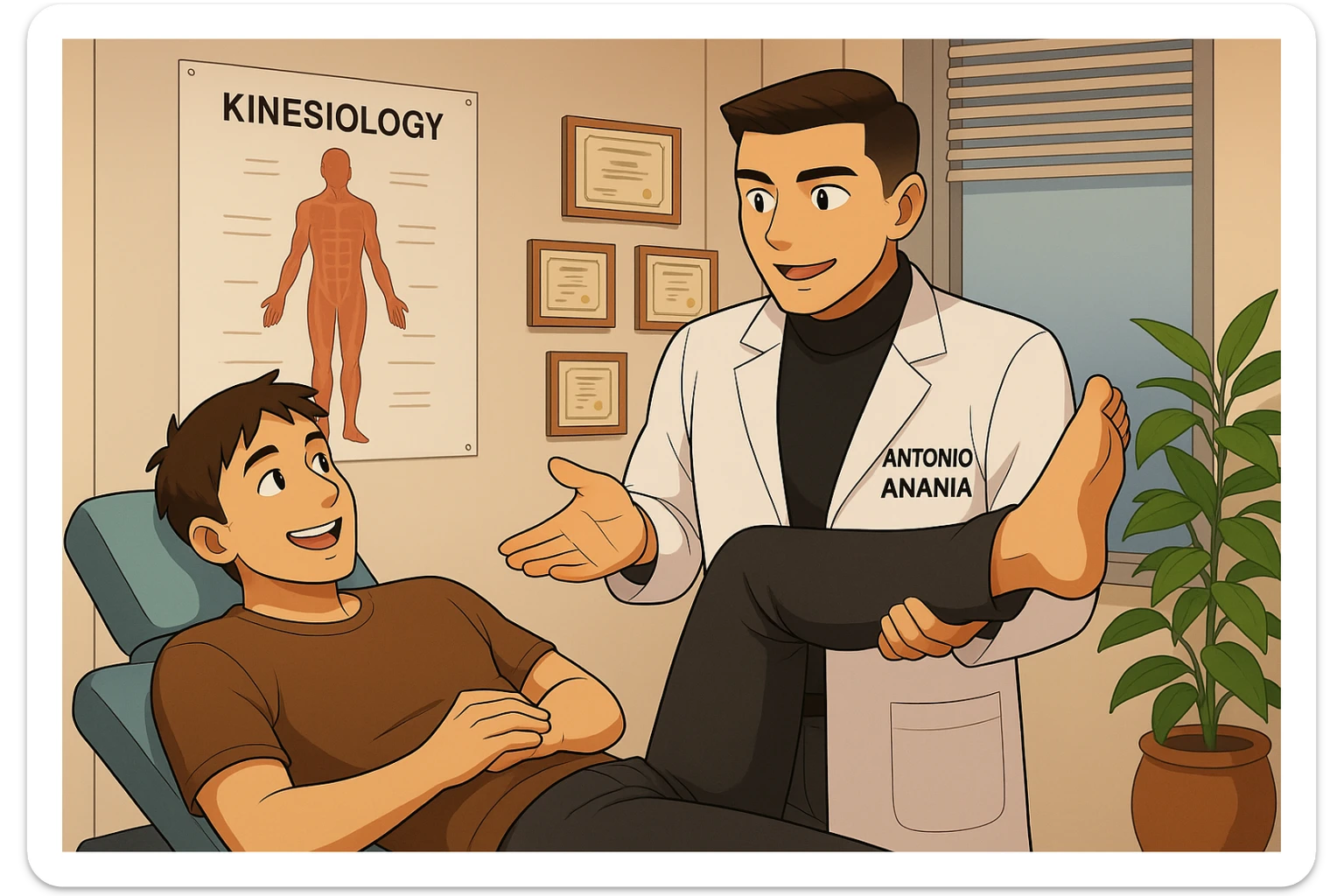 su questo lettino rappresenta un webtoon manga a colori con questo stile, in cui un uomo è steso sul lettino medico e il kinesiologo con il camice bianco (fagli anche la scritta "ANTONIO ANANIA" SUL CAMICE, gli solleva una gamba per fargli il test neuromuscolare, IL KINESIOLOGO SPIEGA ALL'UOMO UNA cosa mentre gli alza la gamba. l'espressione dell'uomo è felice e soddisfatta, non fare i fumetti però, fai solo in modo che sembri stiano parlando sticker