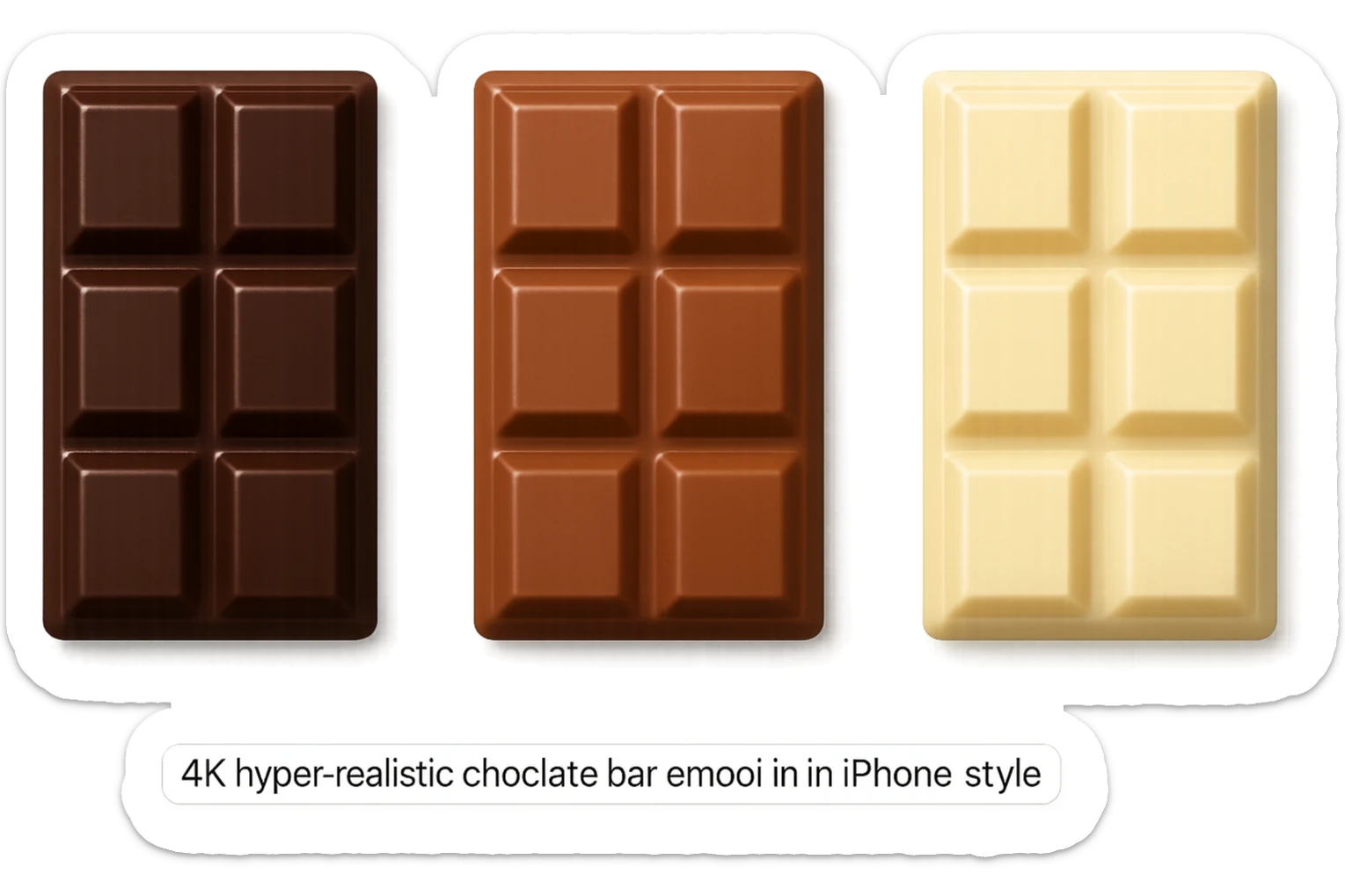 3 emoji stile iphone di BARRETTE DI CIOCCOLATO, UNA FONDENTE, UNA AL LATTE E UNA BIANCA, CON OMBRA REALISTICA, VISTE DALL'ALTO, IPERREALISTICO 4K sticker