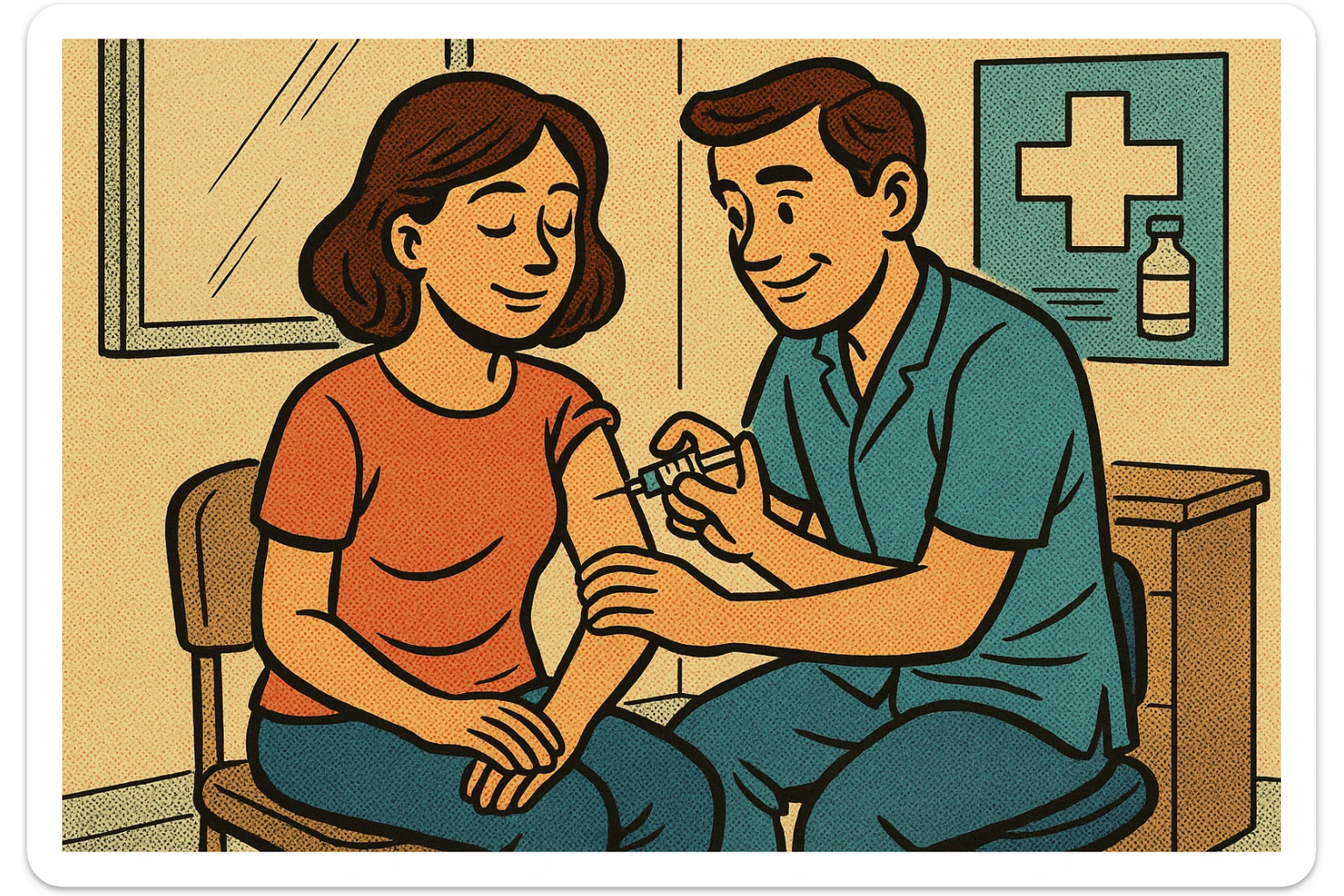 A full body image of a calm mother being injected with a vaccination in the top of her army by a caring male nurse. This is taking place in a doctor's consultation room sticker