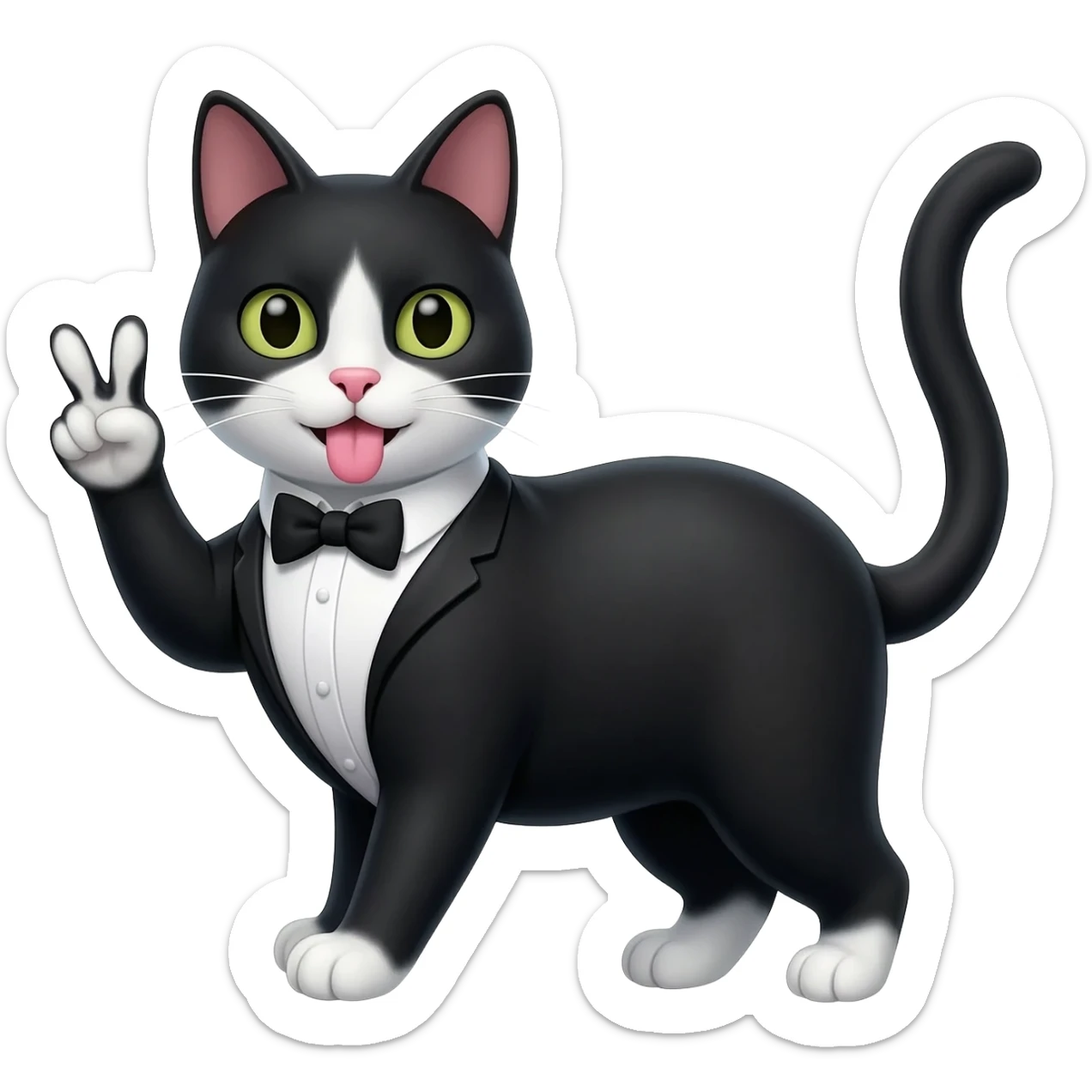 tuxedo cat with tongue out doing a peace sign sticker