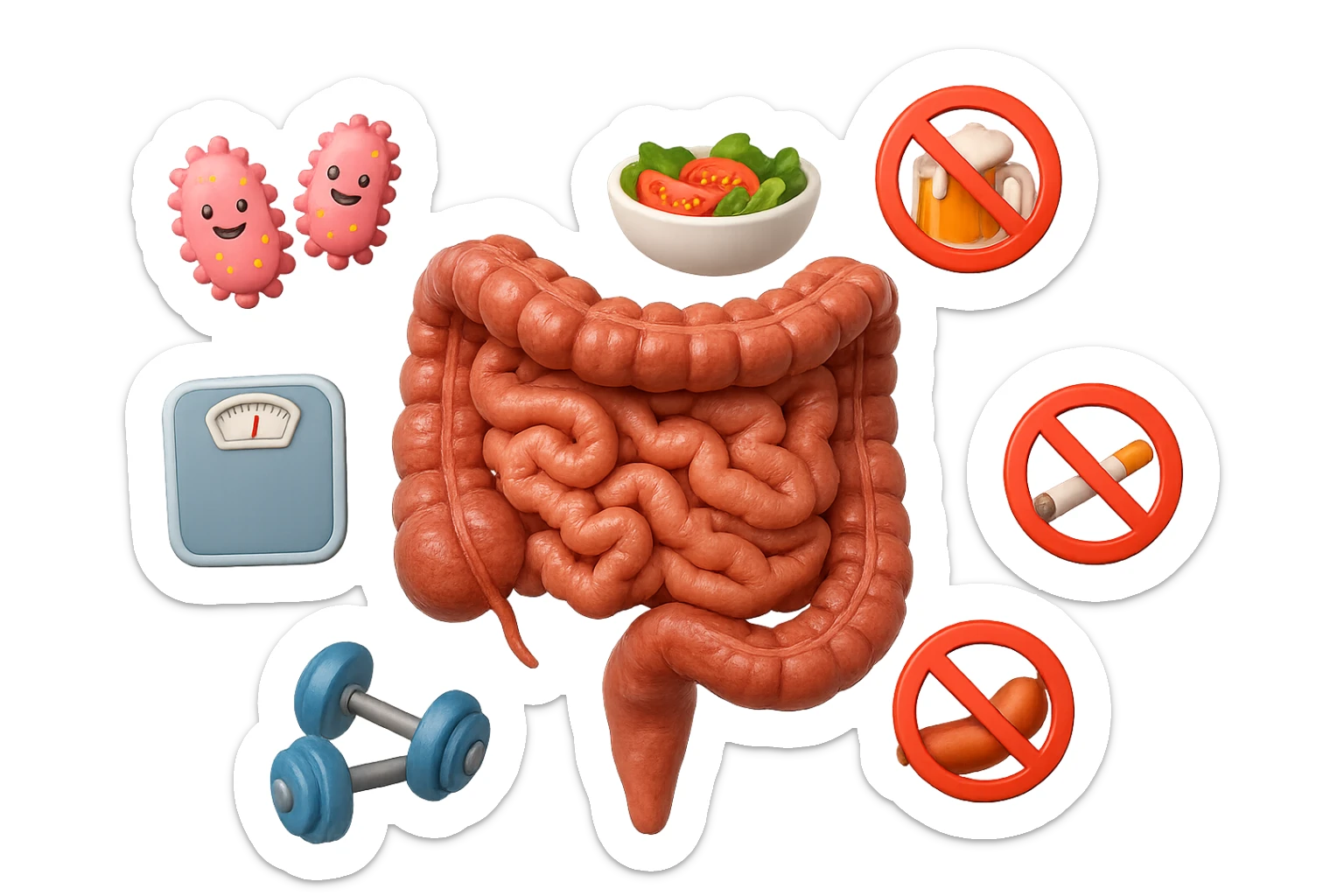 intestino umano anatomico realistico al centro, intorno al quale ruotano emoji stile iphone di: due batteri intestinali felici, una bowl di insalata, una bilancia pesapersone, manubri da palestra, e un boccale di birra con divieto 3d sopra, una sigaretta con divieto 3d sopra e un wurstel con divieto 3d sopra, fluttuano in aria, iperrealistico 4k sticker