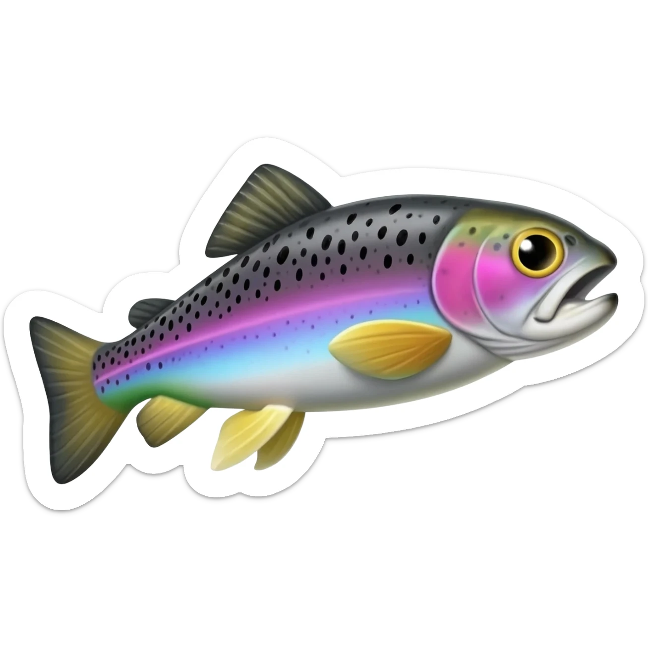 jumping realistic rainbow trout fish bright saturated purple blue green yellow white with scales and black speckles sticker