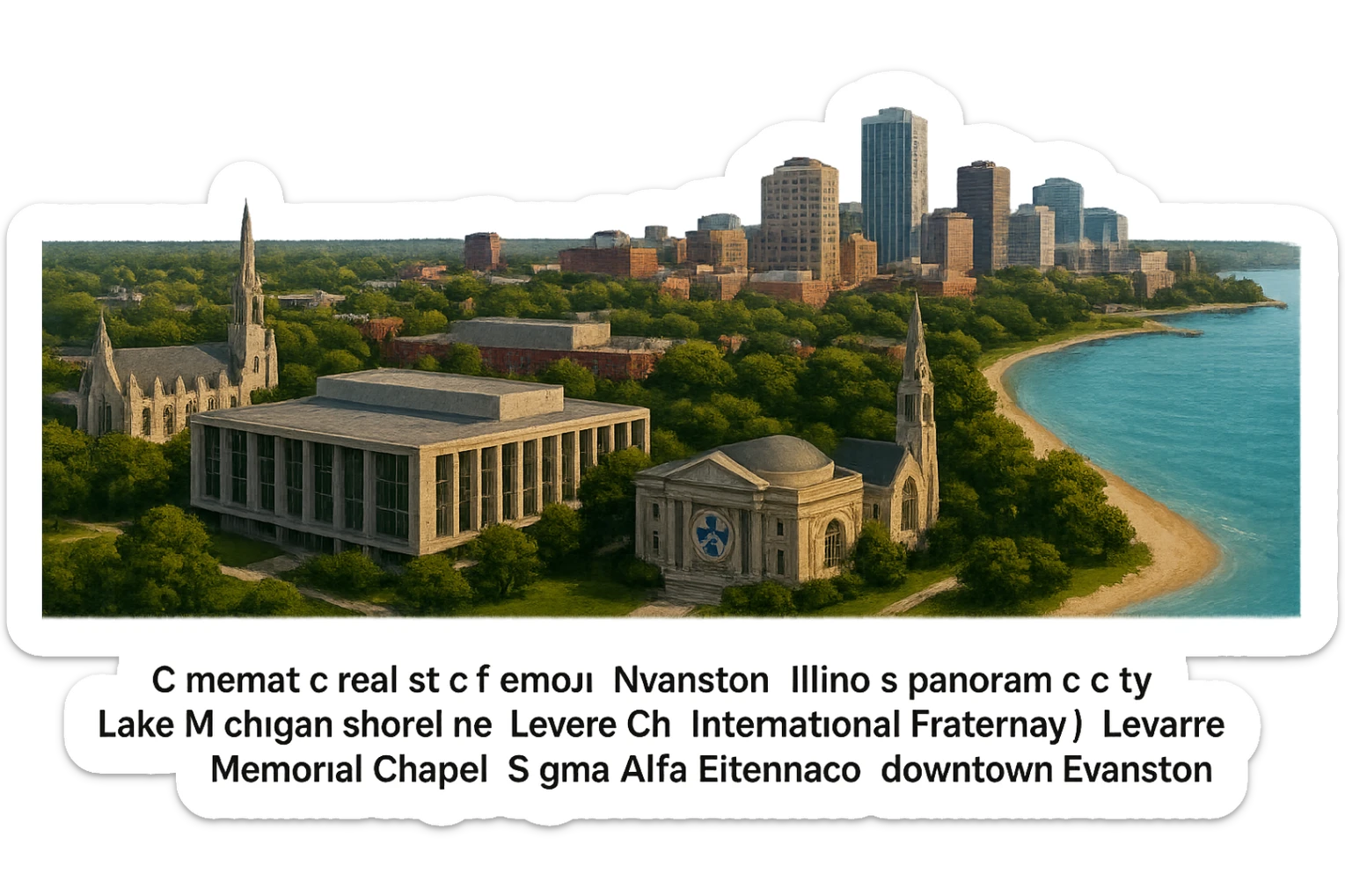 cinematic realistic emoji of Evanston, Illinois panoramic cityscape with Northwestern University campus central and prominent, Lake Michigan shoreline, Sigma Chi International Fraternity Headquarters, Levere Memorial Chapel (Sigma Alpha Epsilon HQ), and downtown Evanston, lifelike detail, accurate colors, bright daylight, no sky, no clouds sticker