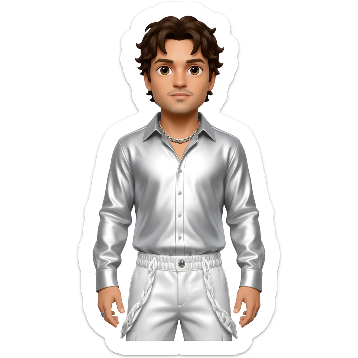 Howie Dorough from Backstreet Boys with brown eyes, dark brown hair, white metallic shirt, white metallic baggy pants, silver necklace sticker