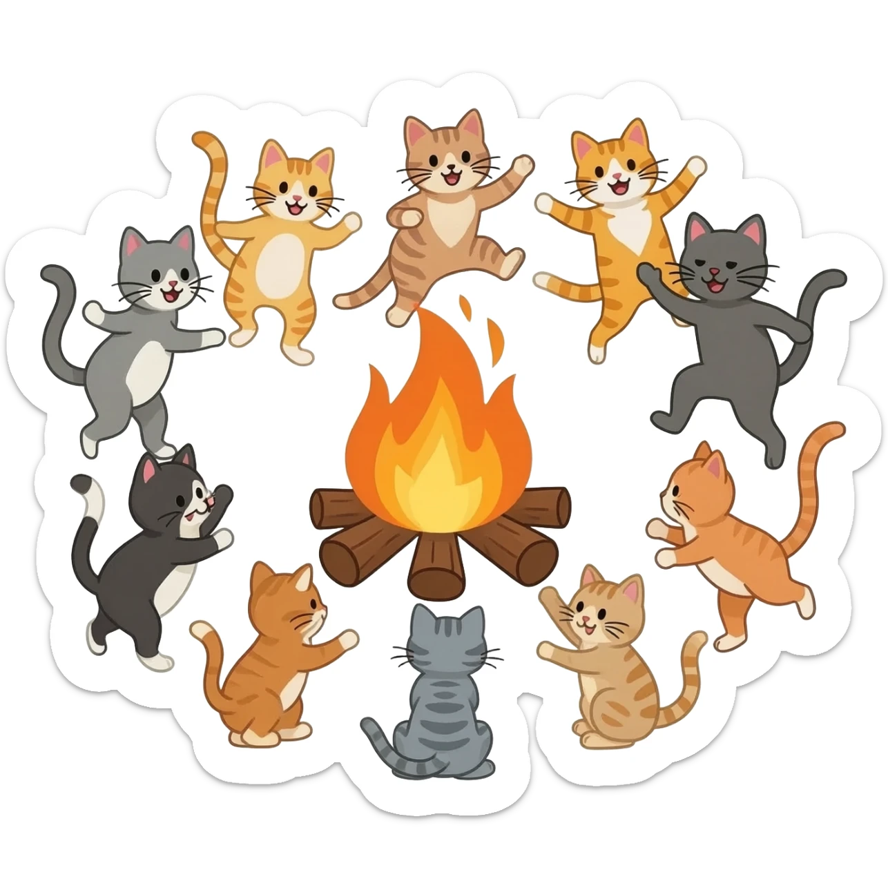 I want 10 cats front of a campfire who are enjoying and they r doing a party sticker