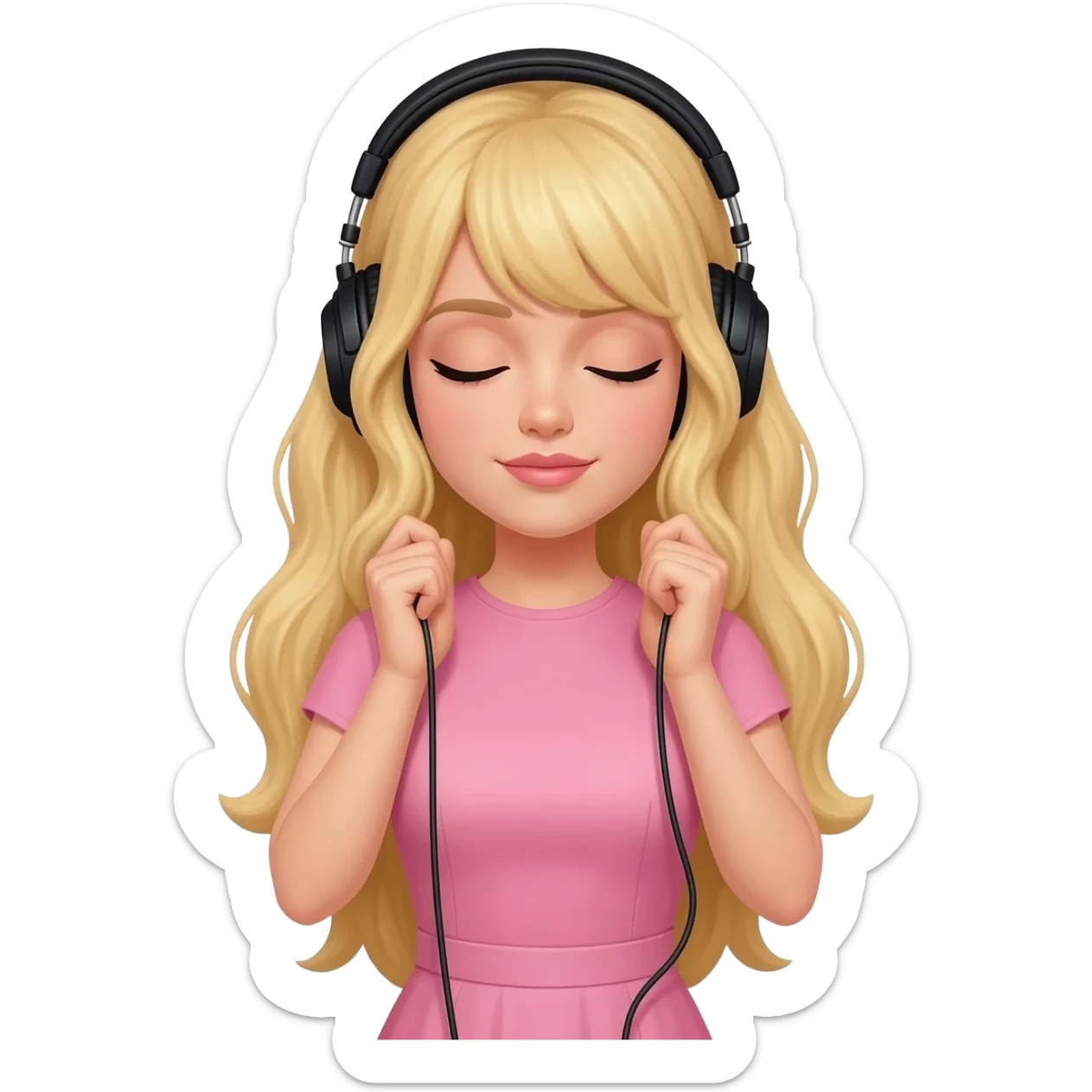 dior women with long blonde hair, pink dress wear a black headphones on head connect to pink iphone max pro and hold on headphones on head with hands on headphones with close eyes sticker