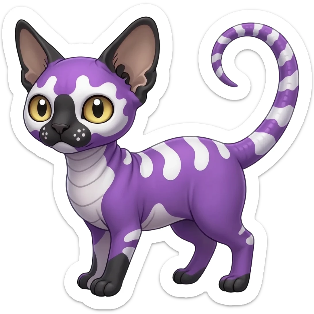 Fluffy, Purple, white, black, Minccino-Sphynx-Lykoi-Linoone-Zangoose-fusion-hybrid-animal-Fakémon-creature, full body, thin long sleek scaly tail, intricate markings sticker
