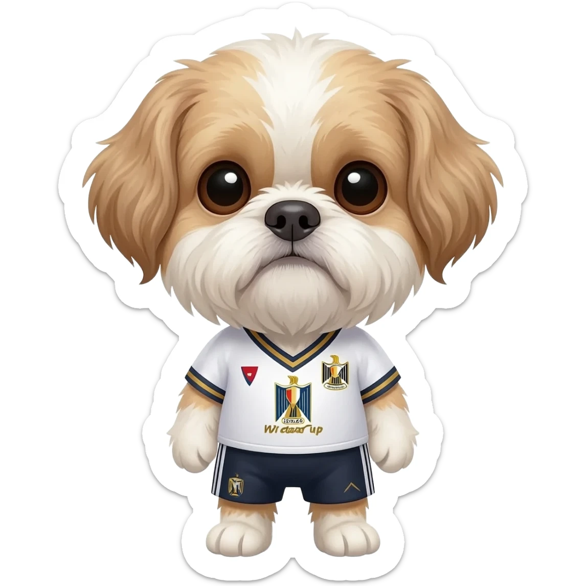 white and light brown shih zhu wearing a Egypt soccer jersey v neck 2026 work cup sticker