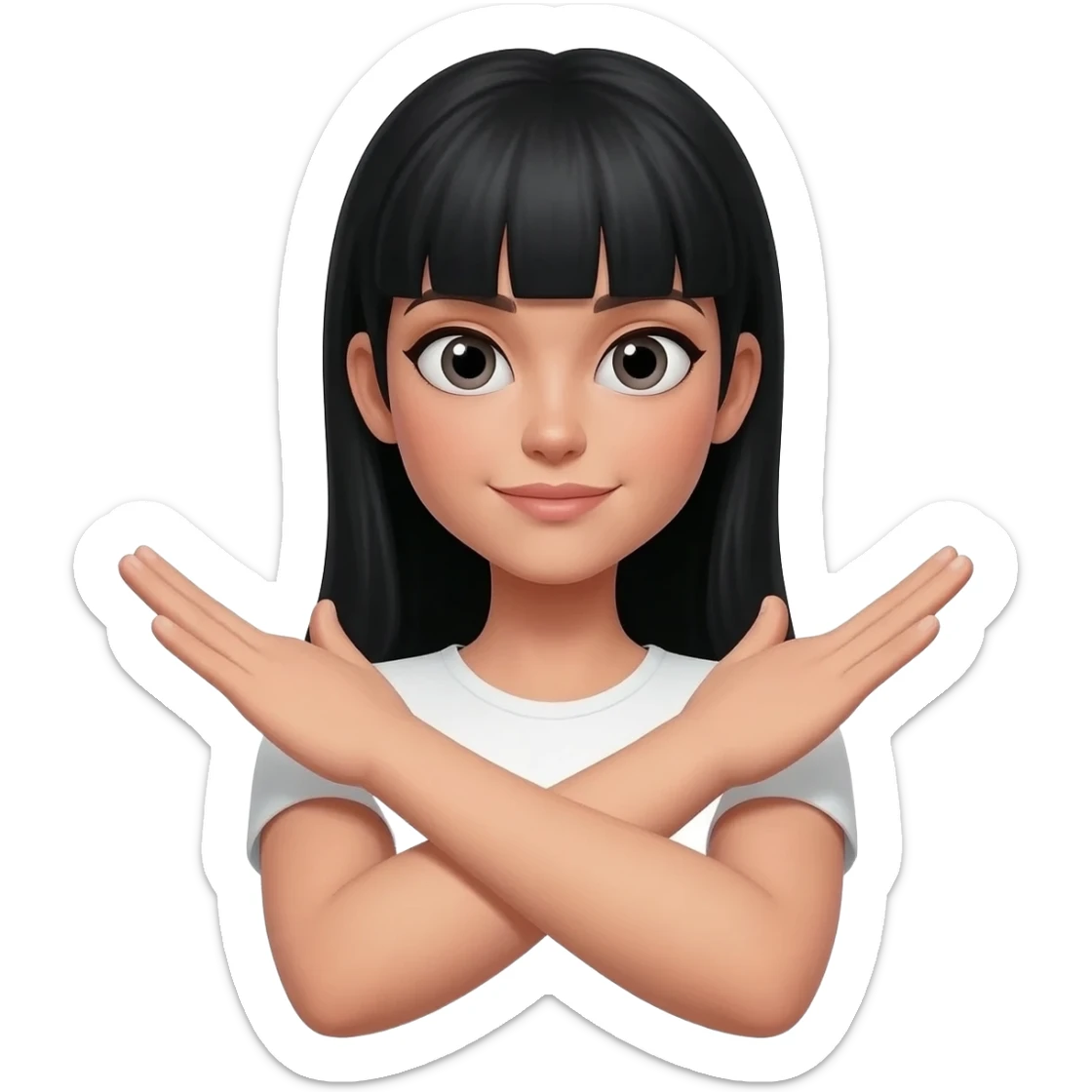 girl with straight black hair and bangs arms in an x sticker