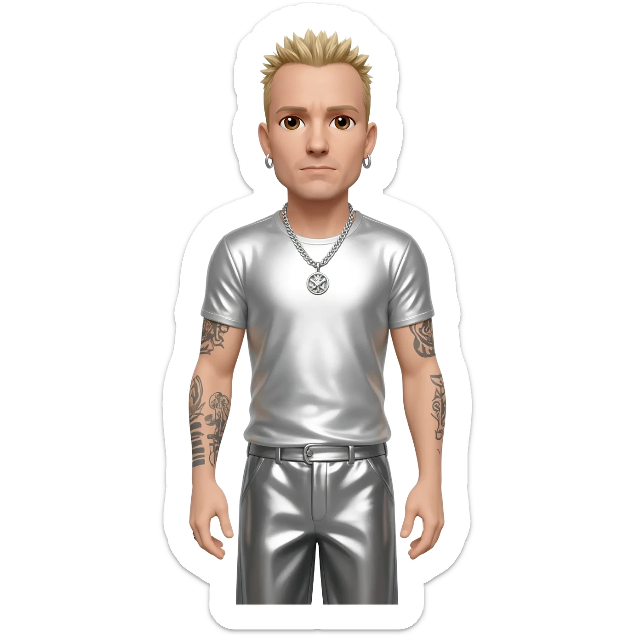 Chester Bennington with brown eyes, blonde hair, white metallic T-shirt, gray metallic baggy pants, silver necklace sticker