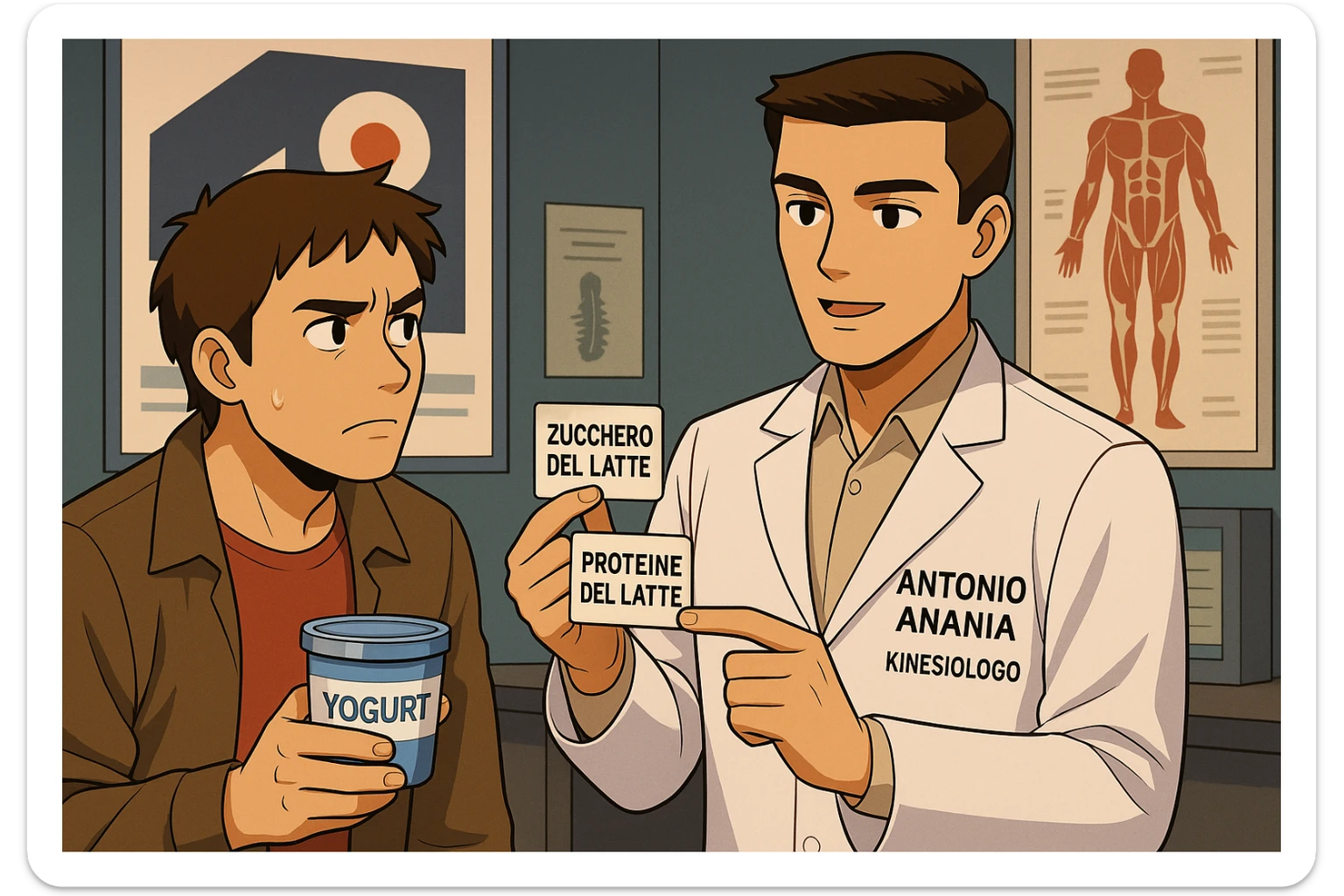 fai un webtoon manga a colori con questo stile, in cui un uomo ASCOLTA Il kinesiologo con il camice bianco (fagli anche la scritta "ANTONIO ANANIA" SUL CAMICE, IL KINESIOLOGO SPIEGA ALL'UOMO UNA COSA TENENDO DUE FOGLIETTINI IN MANO, UNO CON LA SCRITTA "ZUCCHERO DEL LATTE" E UNA CON LA SCRITTA "PROTEINE DEL LATTE". L'UOMO OSSERVA LO YOGURT CHE HA IN MANO CON ESPRESSIONE DUBBIOSA IN VOLTO. non fare i fumetti però, fai solo in modo che sembri stiano parlando sticker