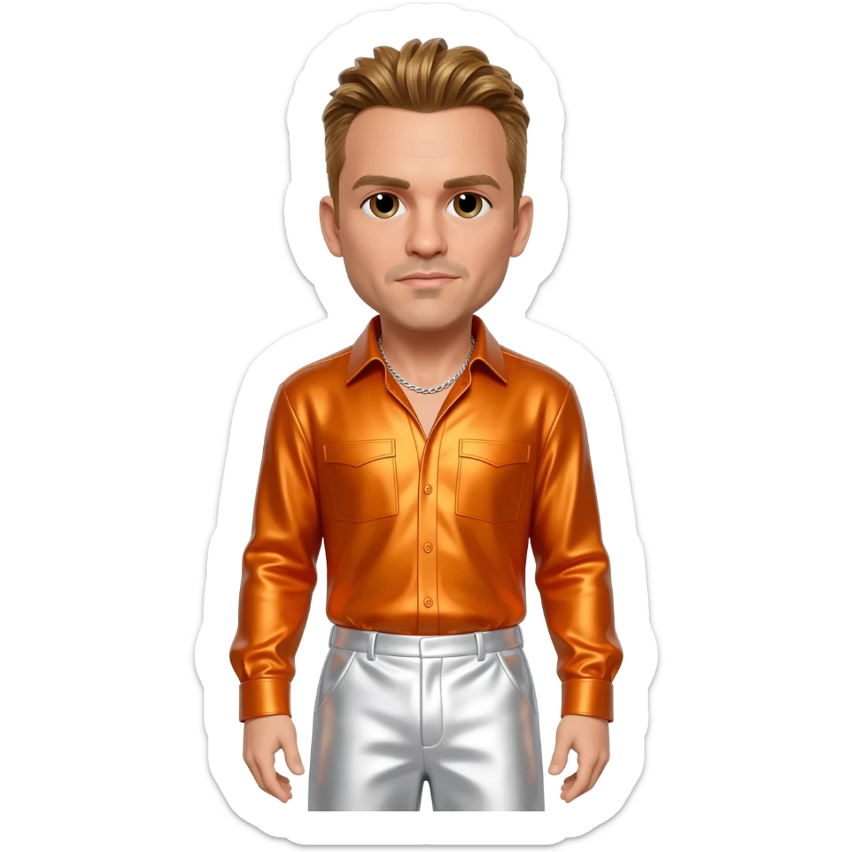 Donnie Wahlberg from NKOTB with brown eyes, golden brown hair, orange metallic shirt, white metallic baggy pants, silver necklace sticker