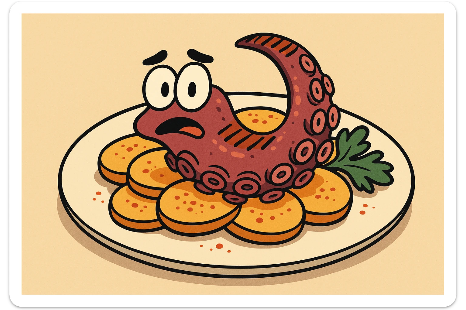 stylized cartoon tapa de pulpo, vibrant colors, simple background sticker