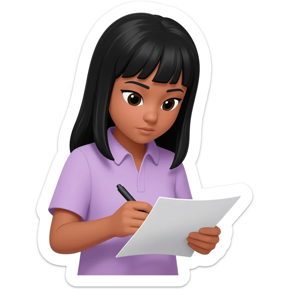 lilac shirt light tan , black hair girl writing on paper sticker