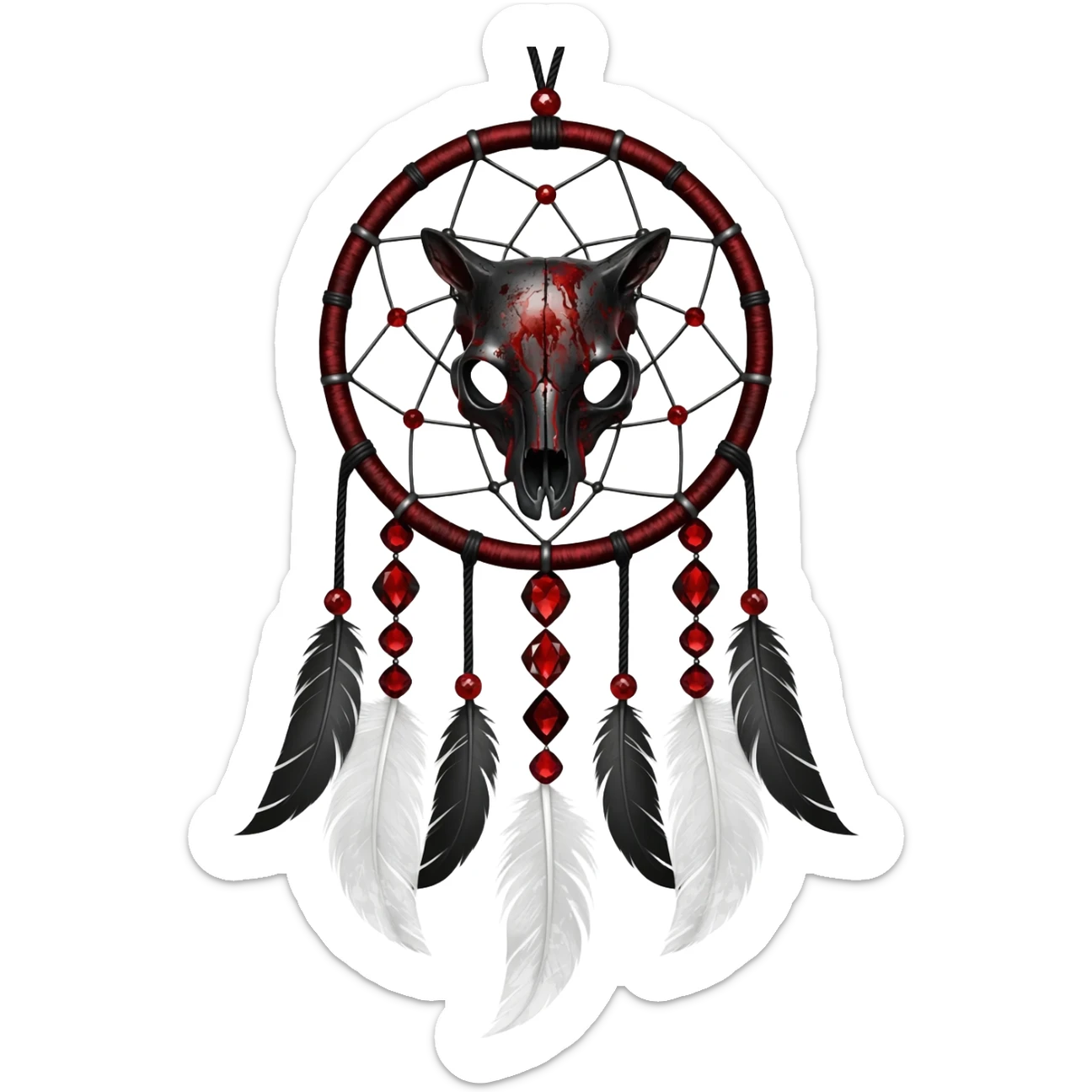 Blood-red, bloody, obsidian-black, edgy, dream catcher, red gemstones, black wire, black threads, animal skull, white feathers, badass, evil, gorgeous aesthetic, gothic decoration sticker