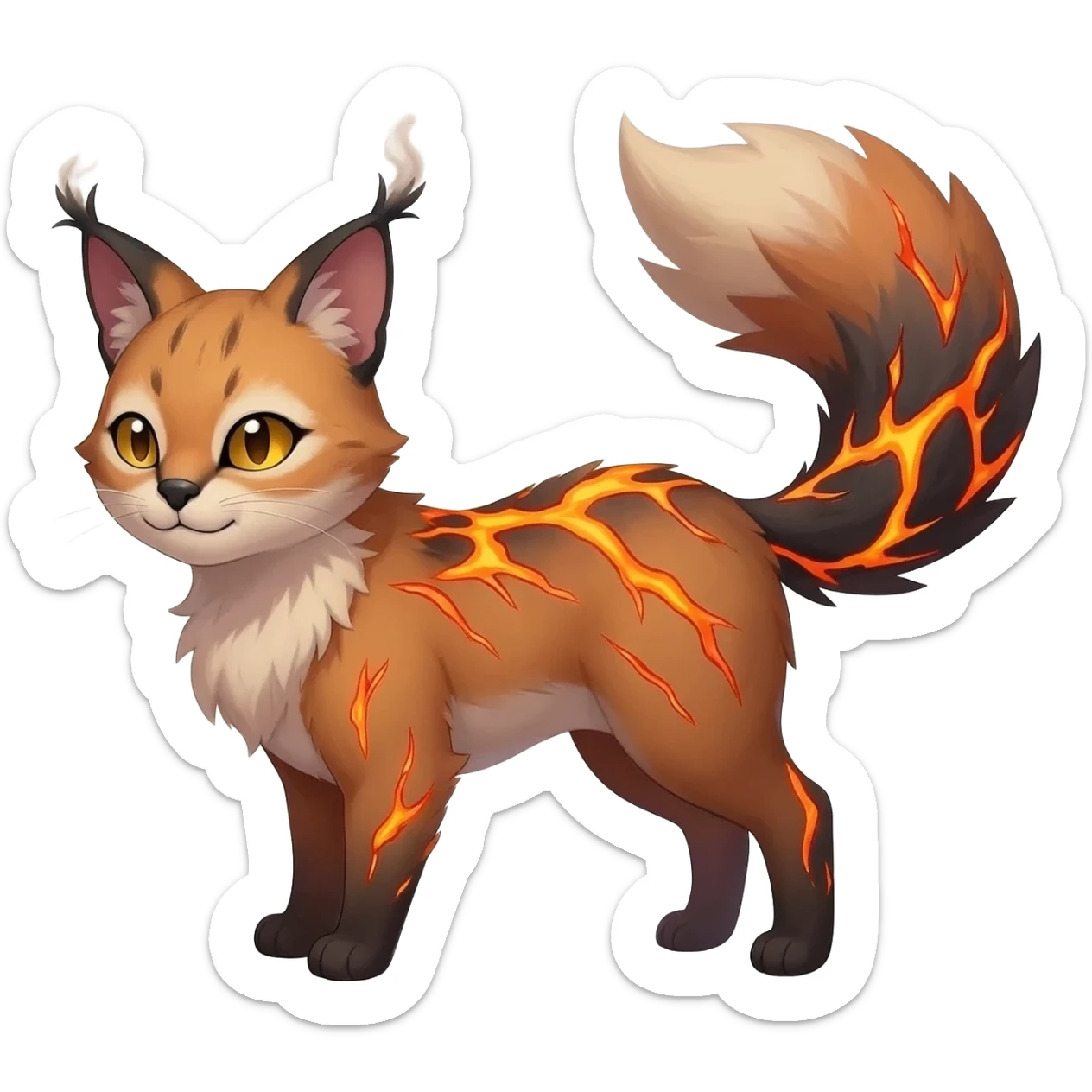Hyper realistic  ember-rust copper fur molten with glowing magma seams and smoky tips beautiful elegant pretty precious cute  Fakémon-Pokémon-opossum-feline-serval-caracal-chinchilla-Furret-Minccino-hybrid-creature with a big fluffy bushy tail (full body) sticker