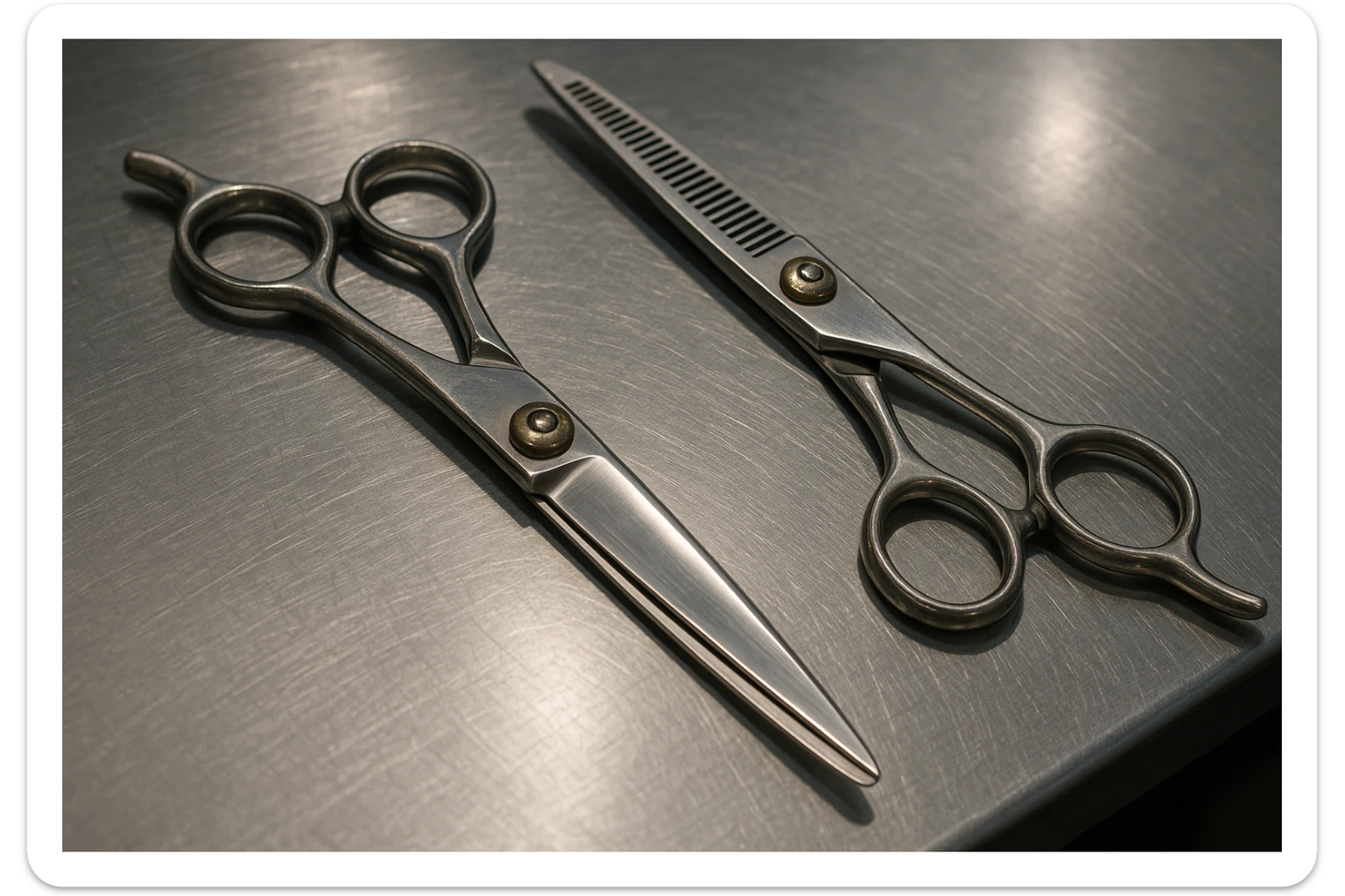 A set of professional barber scissors lies on a stainless steel workbench, gleaming under the bright lights. The blades are sharp and precise, with smooth handles showing signs of frequent use, ready for the next cut sticker