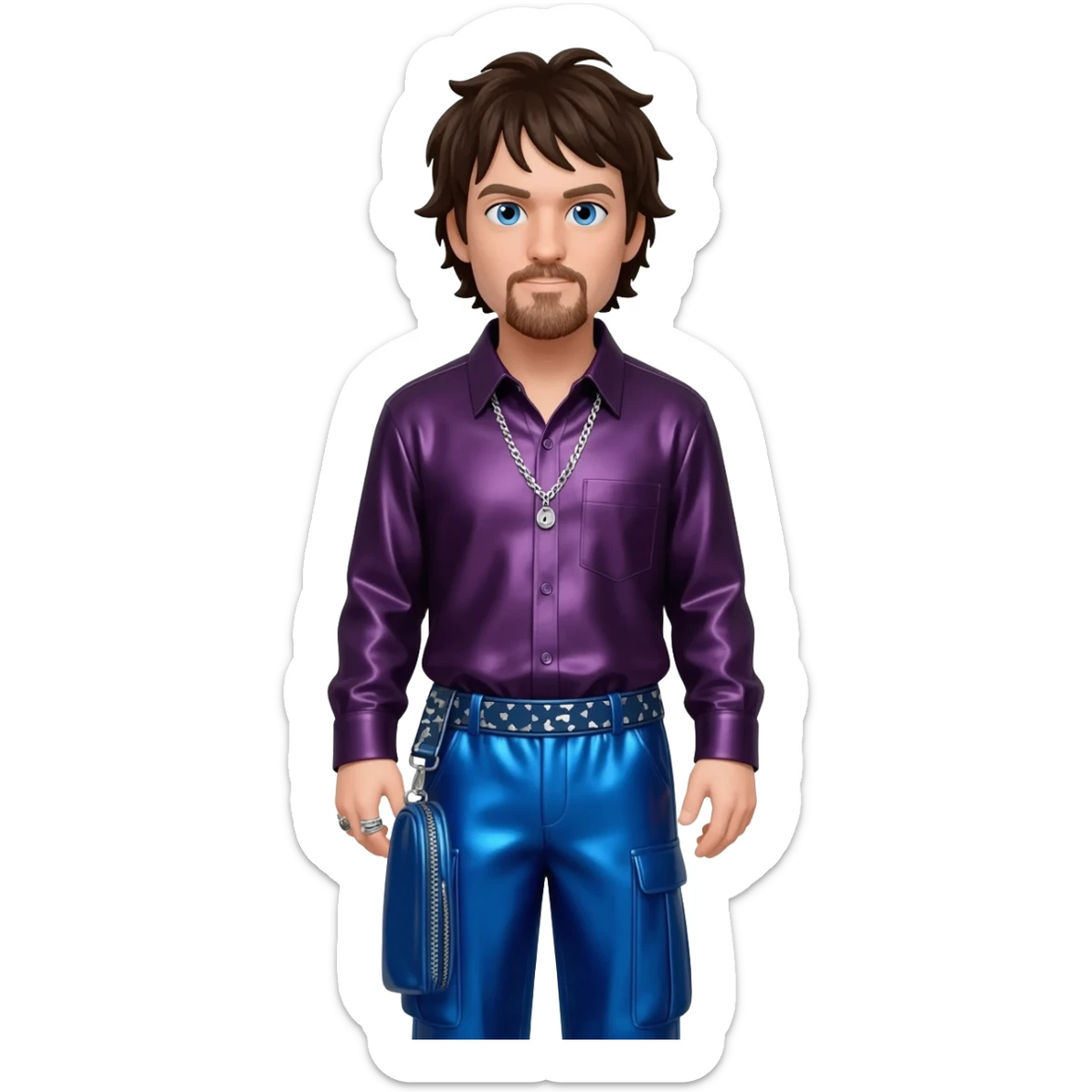 Bam Margera with blue eyes, dark brown hair, dark purple metallic shirt, cobalt blue metallic baggy pants, silver necklace sticker