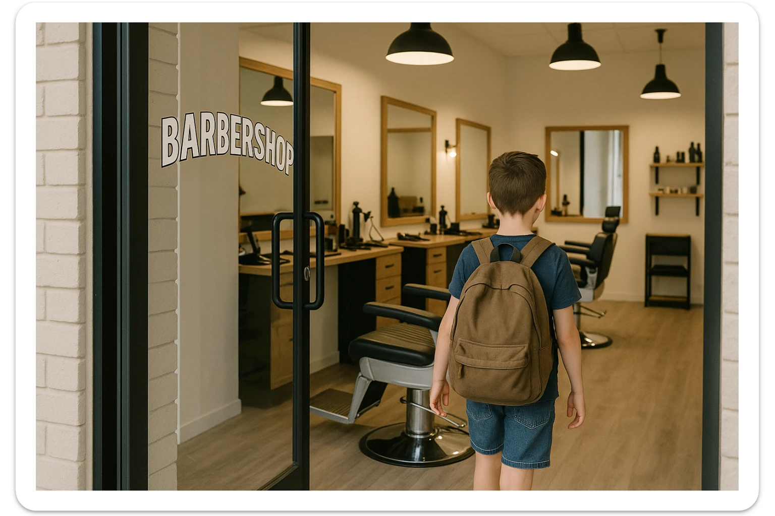 Sartaroshxonaga kirib kelayotgan bola sartaroshxona unchalik eski emas ammo yangi ham emsa sticker