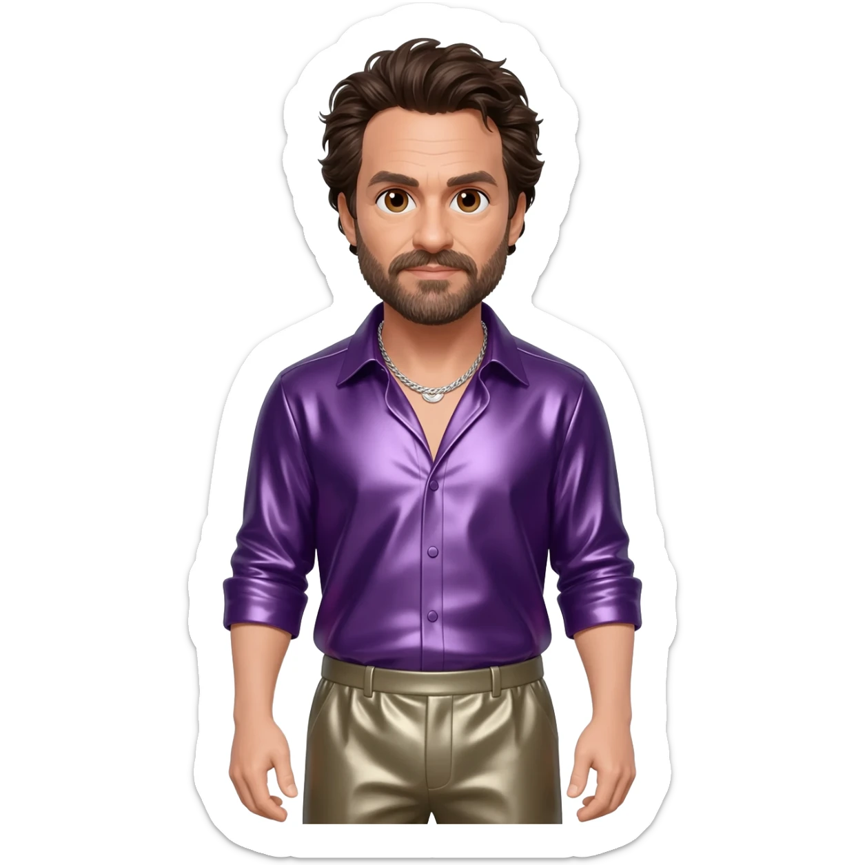 Mark Ruffalo with brown eyes, dark brown hair, purple metallic shirt, taupe metallic baggy pants, silver necklace sticker