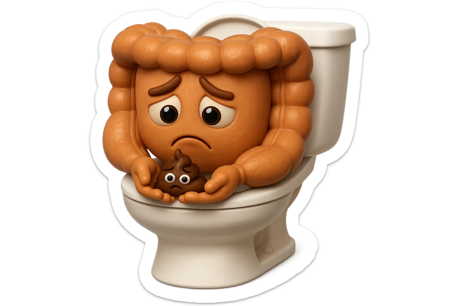 emoji stile iphone di un intestino realistico 3d che esce dal wc con in mano una montagnetta di feci con espressione triste a palline, iperrealistico 4k sticker