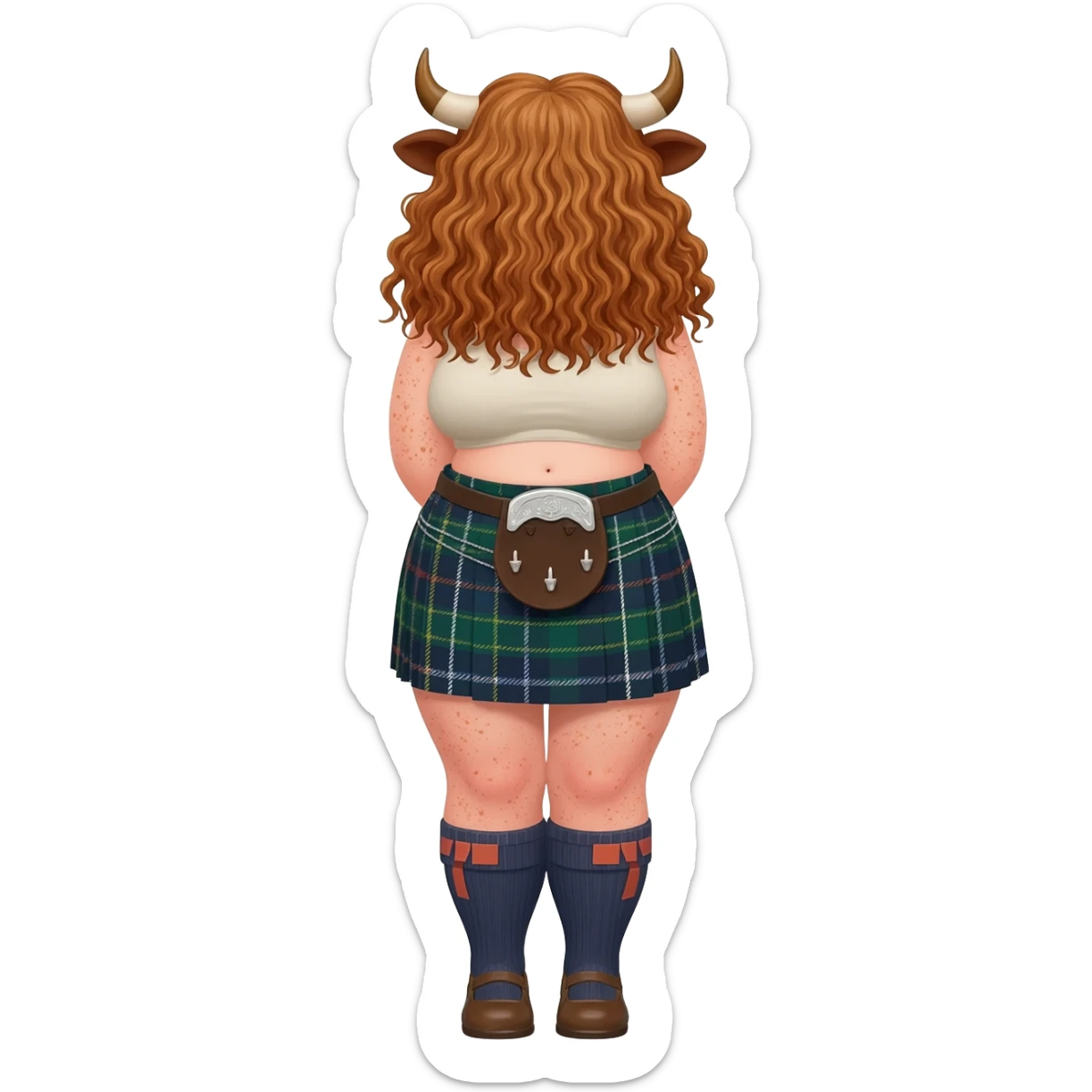 buff curly woman with frecles with light brown messy hair with straight bangs covering her face with brown cow tail with strong fat thights with cow horns and cow brown ears with big butt in a short scottish kilt and with knee socks and shoes stands with crossed legs sticker