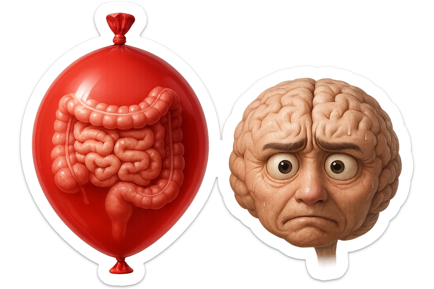 intestino umano anatomico chiuso in un palloncino rosso che simboleggia gonfiore, accanto un cervello stressato, iperrealistico 4k sticker
