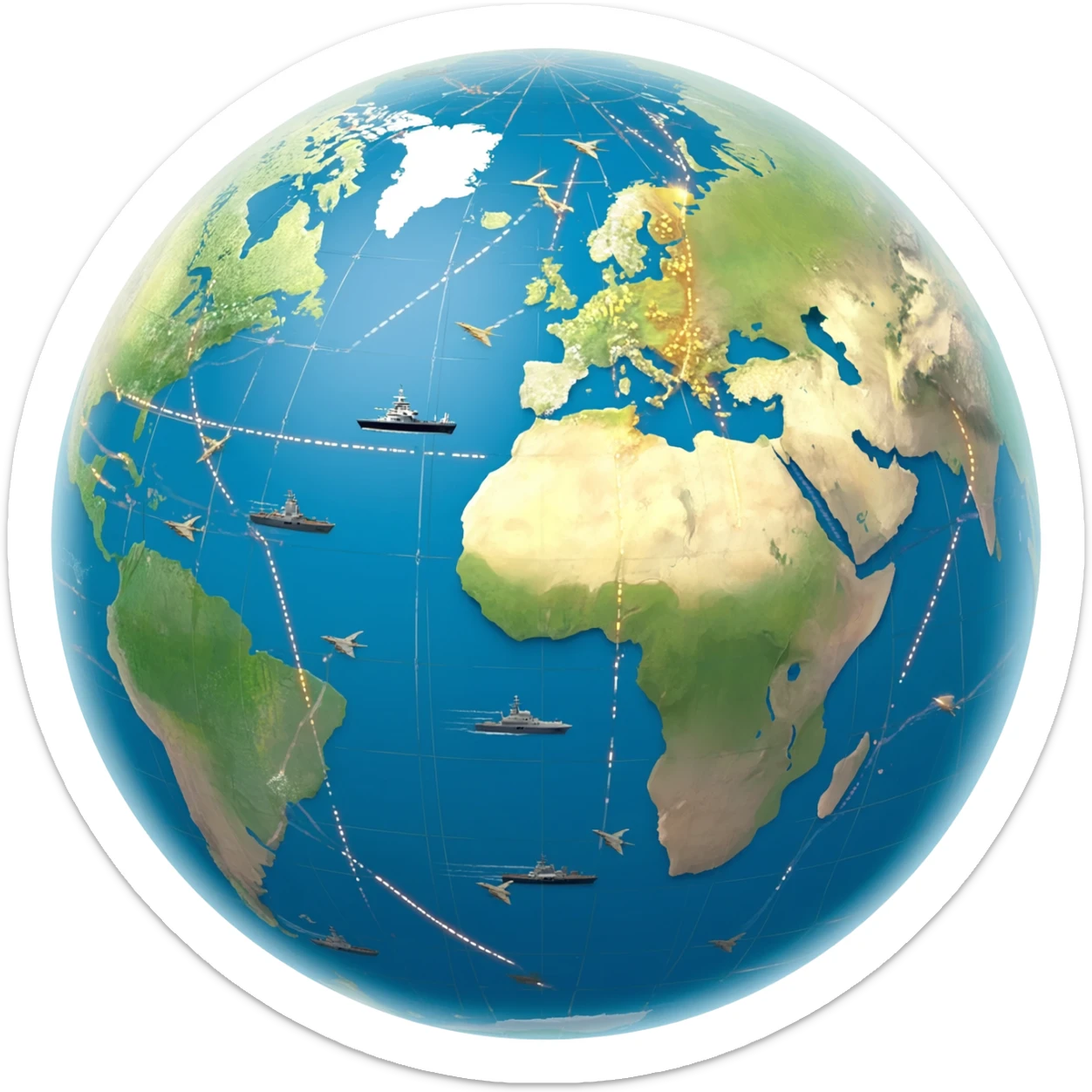 A geopolitical globe showing global power: naval fleets controlling the oceans, armies across continents, and fighter jets dominating the skies. Glowing trade routes and strategic zones around Earth, cinematic lighting, ultra detailed, epic geopolitical strategy visualization. sticker