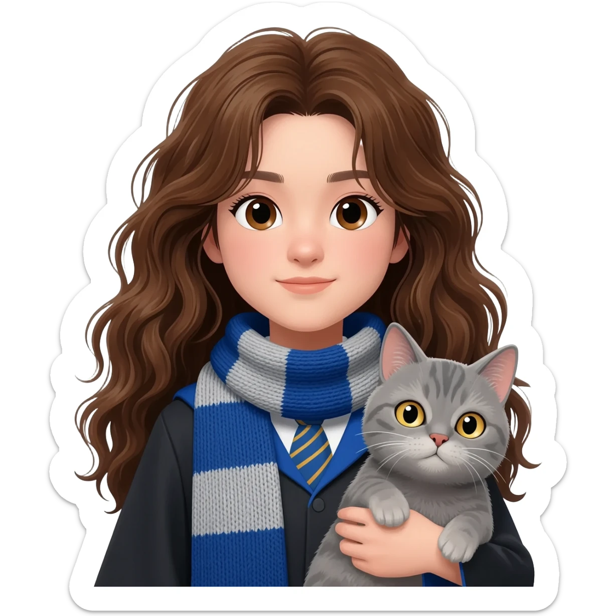 asian ravenclaw girl students with long brown messy wavy hair and brown eyes, holding a gray cat sticker