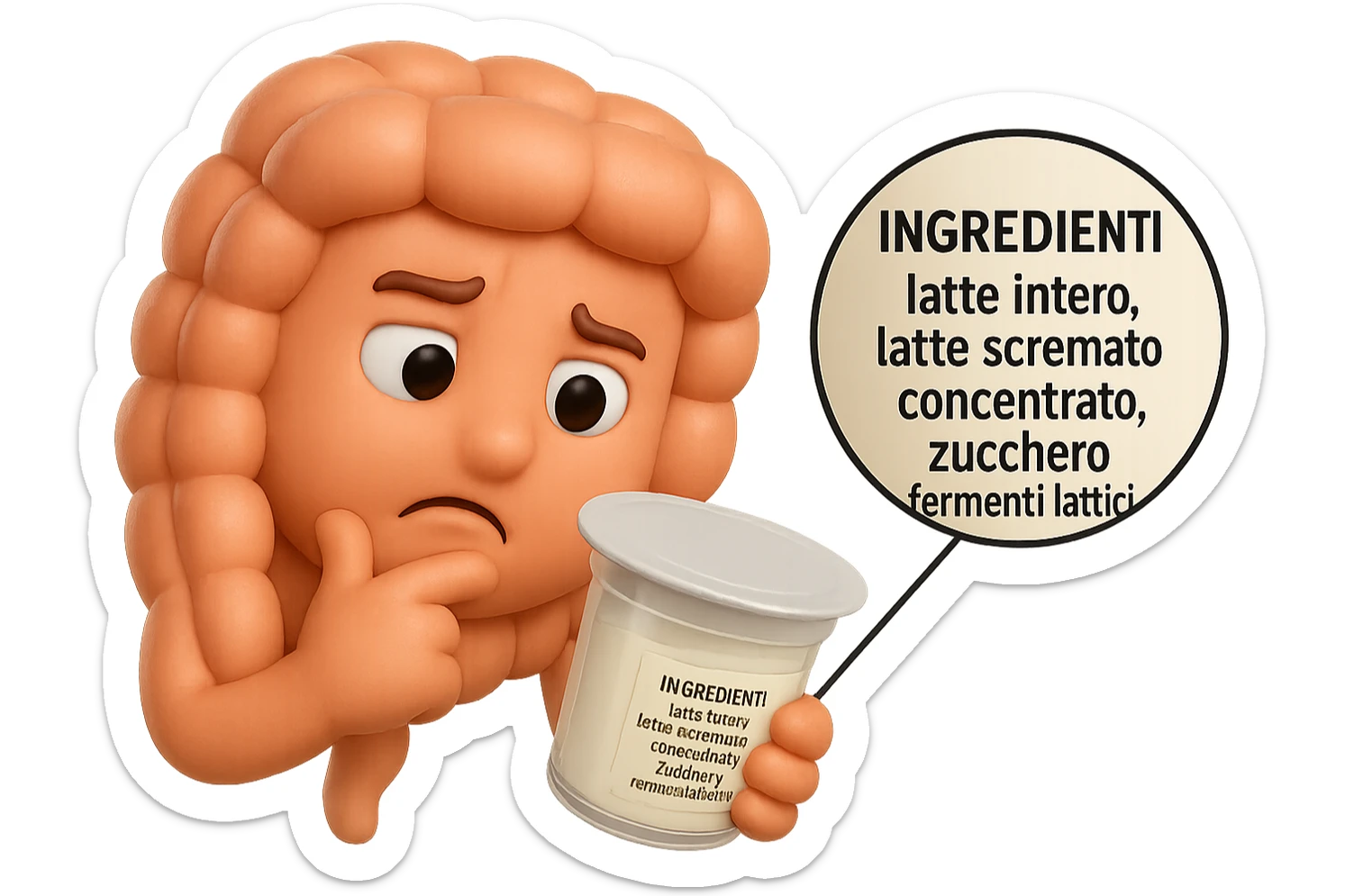 SU QUESTO STILE FAI UN EMOJI STILE IPHONE 3D DI UN INTESTINO CHE HA IN MANO UN BARATTOLO DI YOGURT CONFEZIONATO DA SUPERMERCATO E LEGGE L'ETICHETTA NUTRIZIONALE CON GLI INGREDIENTI IN ITALIANO, ACCANTO ALLO YOGURT CHE HA IN MANO C'è UN FOCUS SULL'ETICHETTA CON GLI INGREDIENTI SCRITTI, FAGLI UN ESPRESSIONE CONFUSA MENTRE LEGGE E FALLO MOLTO REALISTICO IN 3D sticker