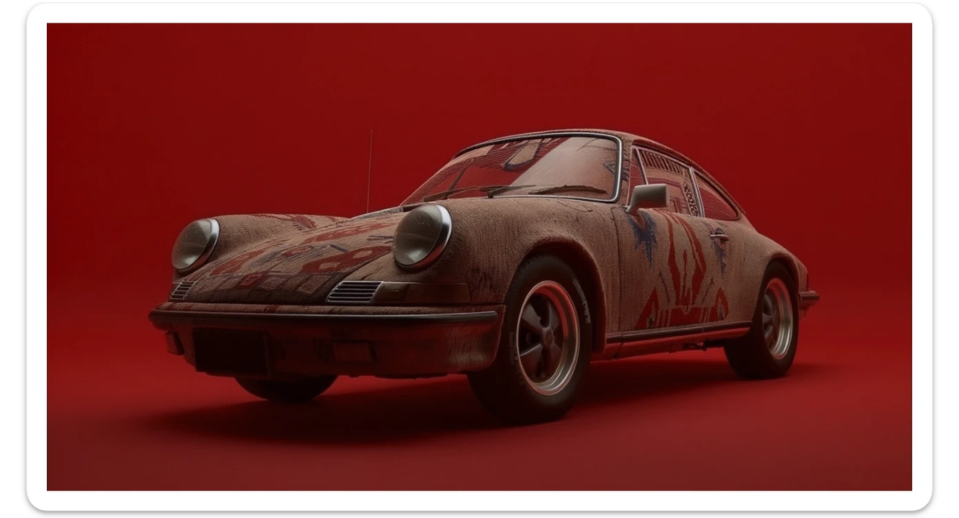 Medium shot of a porsche 911, body of car made of russian carpet with patterns, red solid studio background, low keu light, top soft light, dutch angle,  captured by ARRI 65 sticker