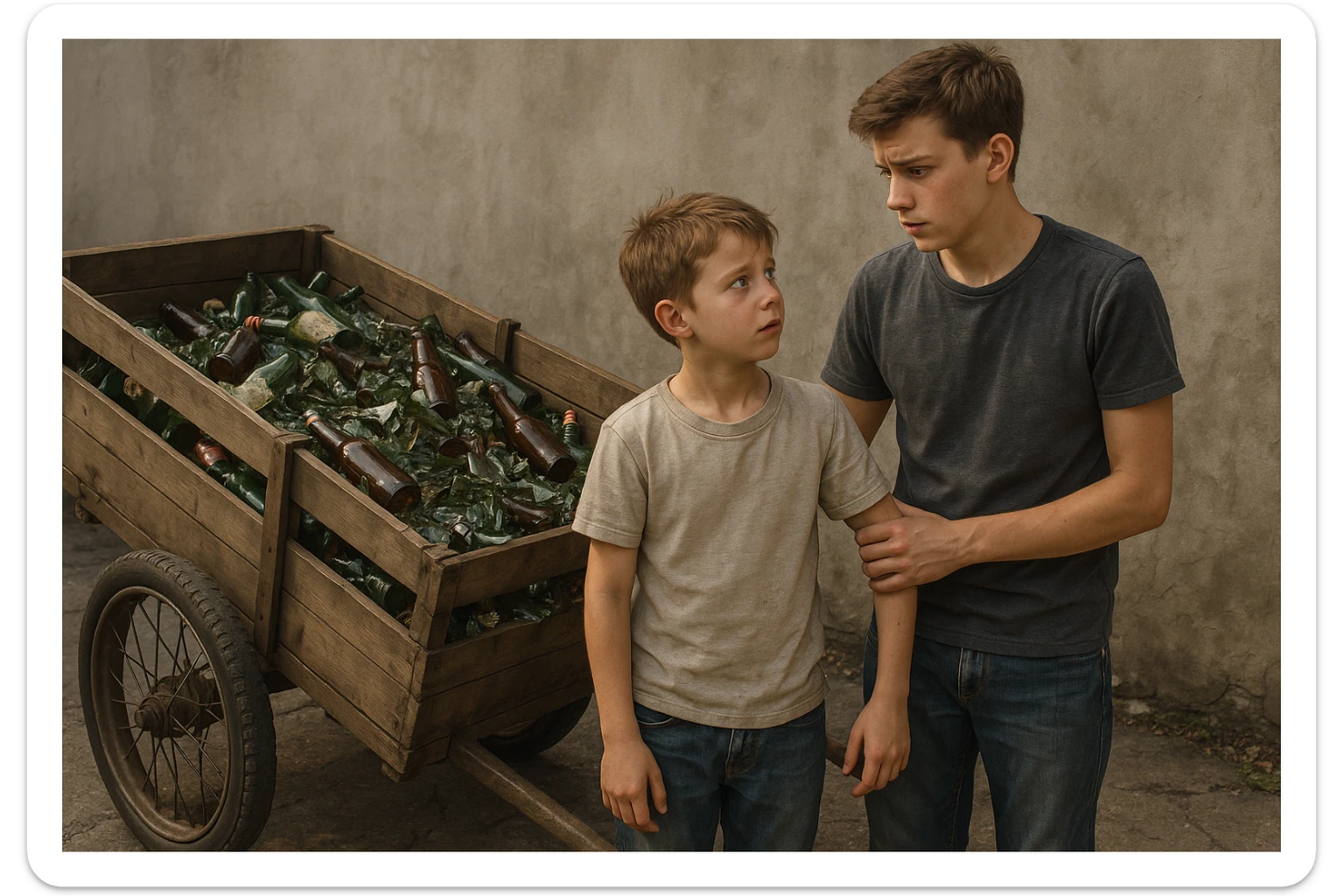 Bir g'ildiragi singan ichimliklar ortilgan arava uning yonida aka uka bir biriga havotirli nigoh bilan qarab turibdi realistik uslubda sticker