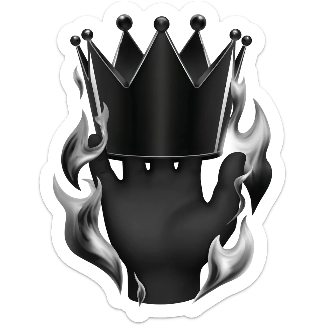 generate a black hand burning with black flames, gripping a black crown sticker