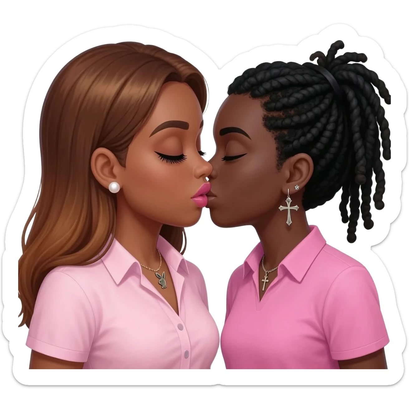 Bimbo, pearl earrings stud, Light pink cute lips, black eyebrows, long honey brown hair, dark brown skin, playboy necklace with lashes, light pink shirt, kissing the goth black girl with pink shirt, with brown skin, cross earrings, ankh necklace with black dreadlocks sticker