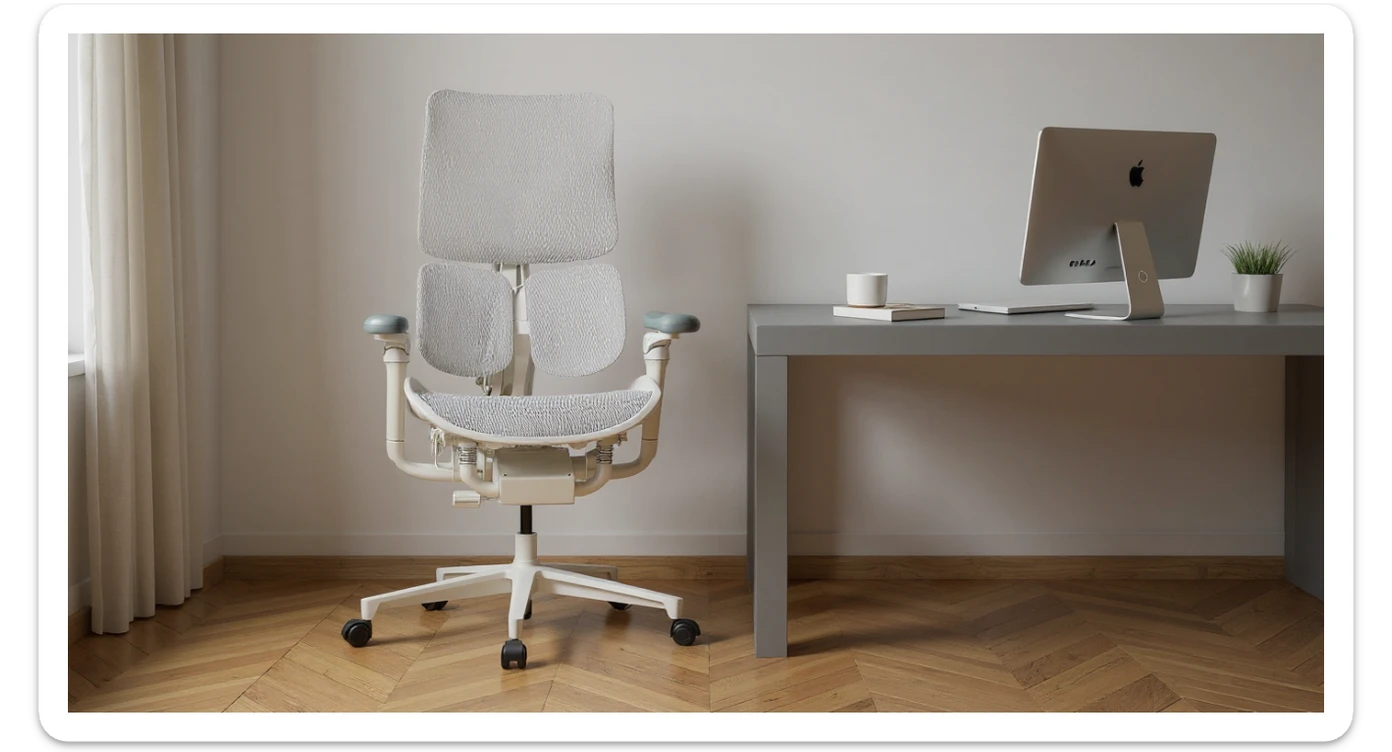 Editorial shot, Make this chair next to desk with mac setup, wooden modern floor, minimalistic room, contrast chair to wall, chair standing front to camera, soft bright light in room sticker
